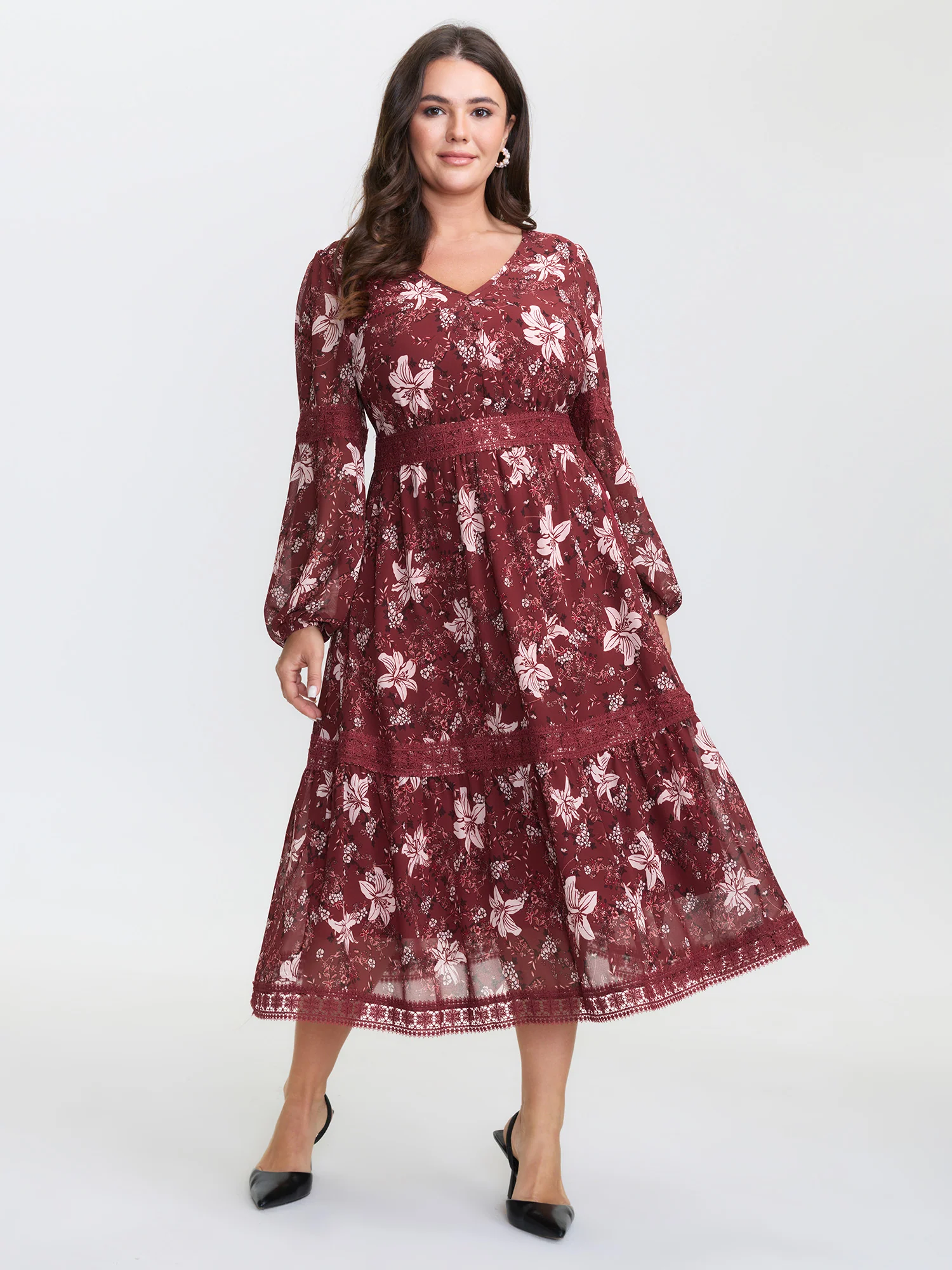 Floral Lace Trim Shirred Waist Midi Dress