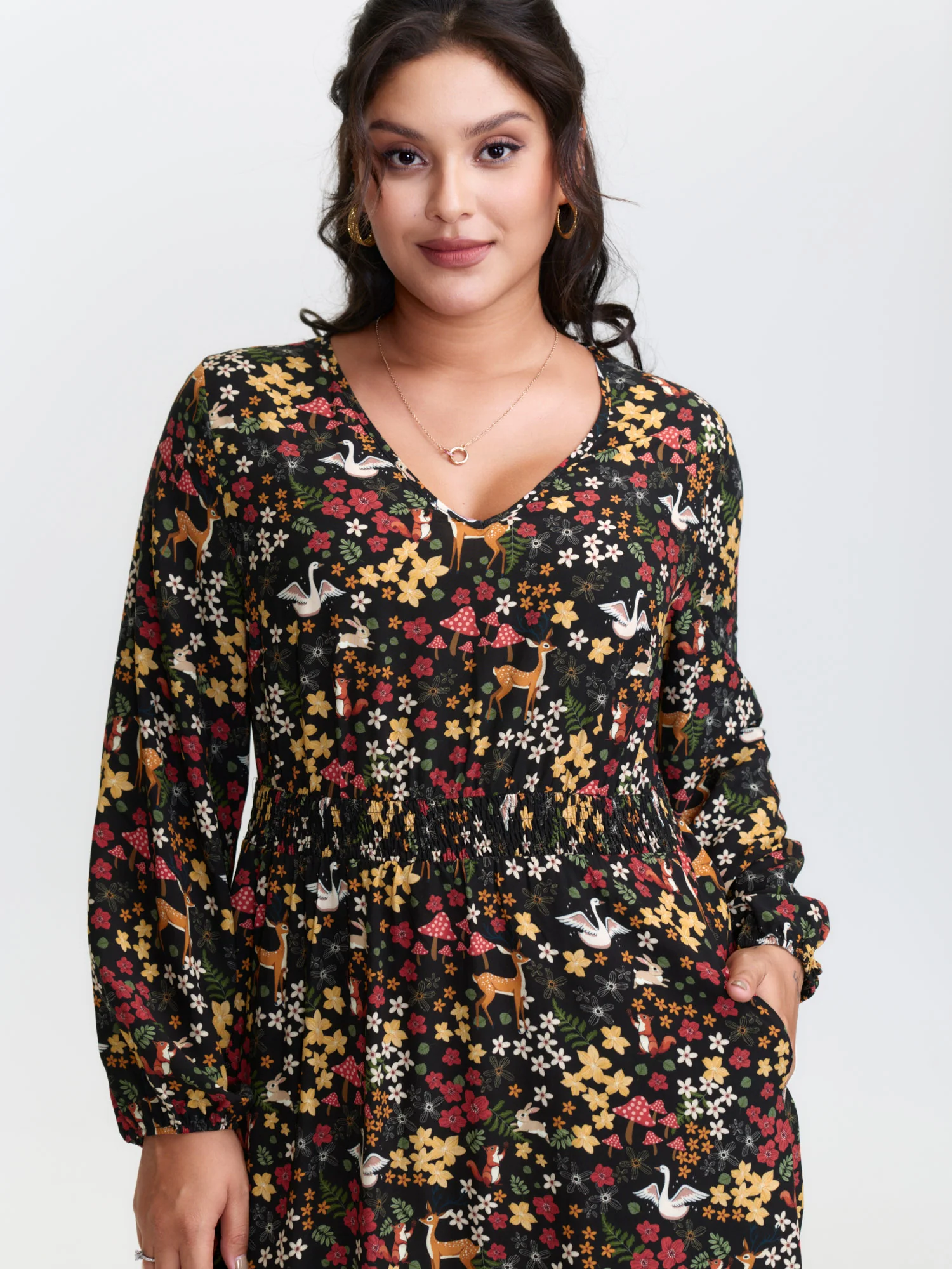 Floral Garden Print Cinched-Waist Midi Dress