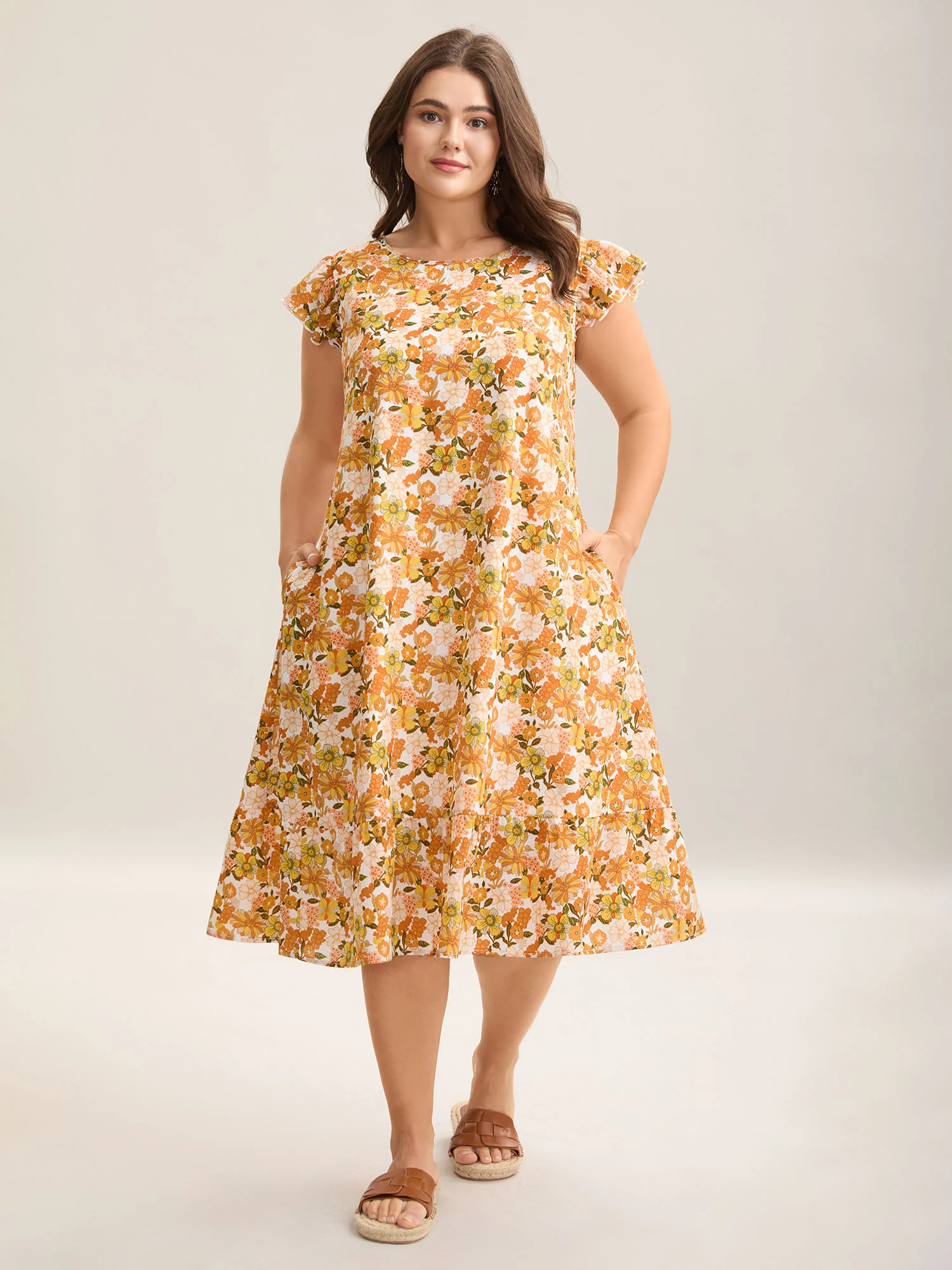 Sunkissed Floral Print Flutter Sleeve Midi Dress
