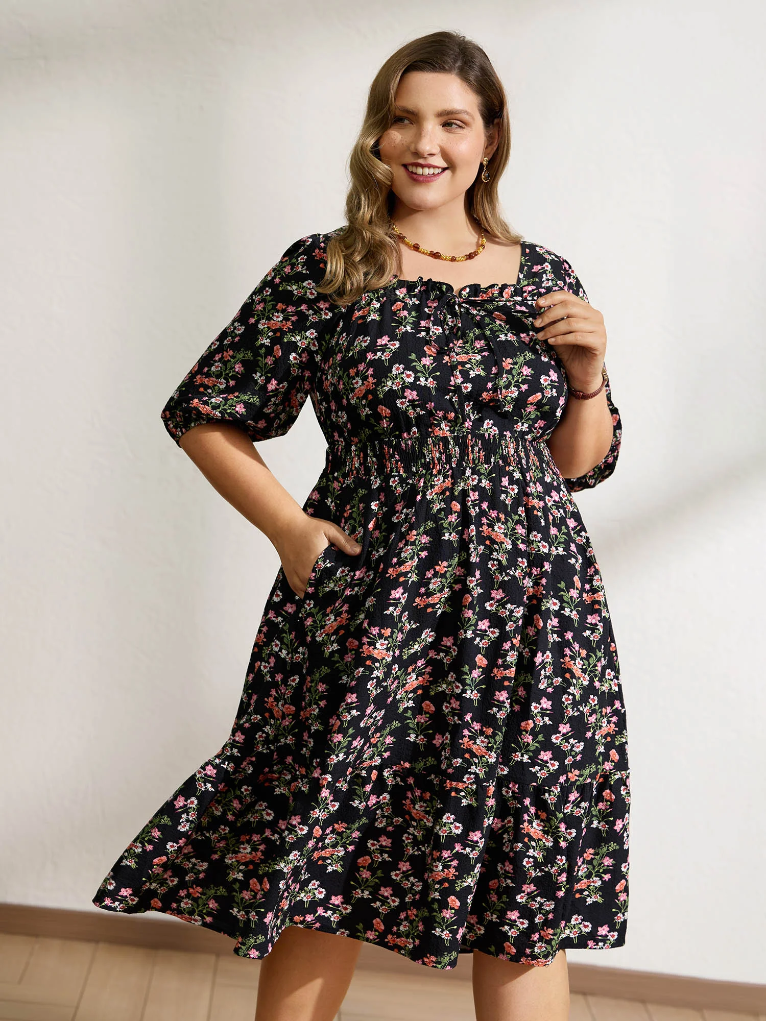 Floral Shirred Waist Neck-Tie Midi Dress