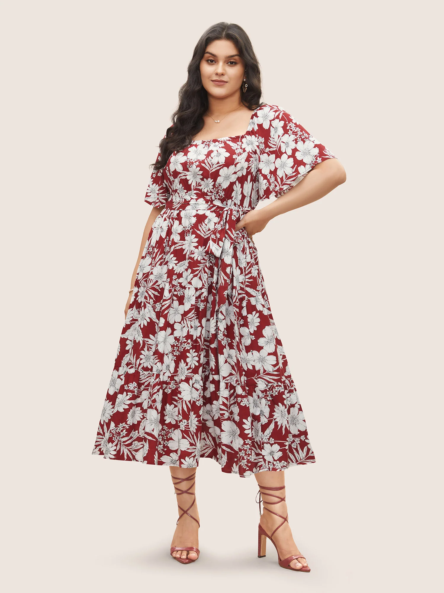 Square Neck Floral Print Belted Gathered Dress