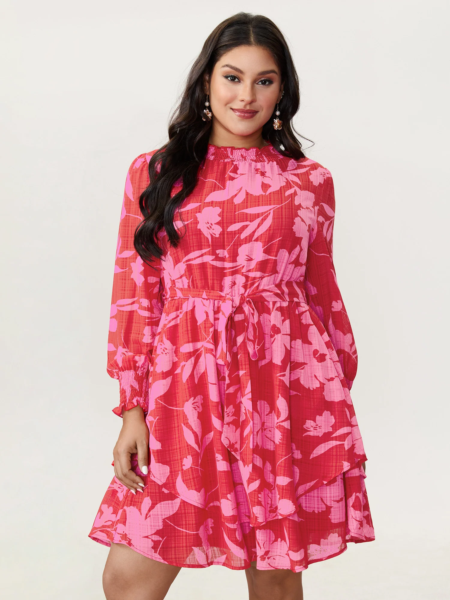 Floral Print Pleated Waist Mock Neck Mini Dress