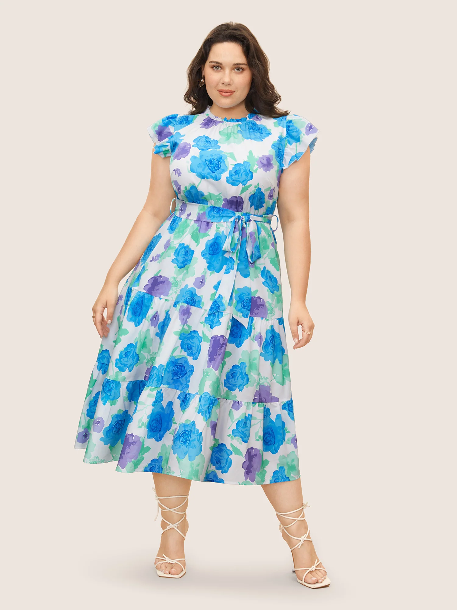 Floral Gathered Ruffle Cap Sleeve Belted Dress