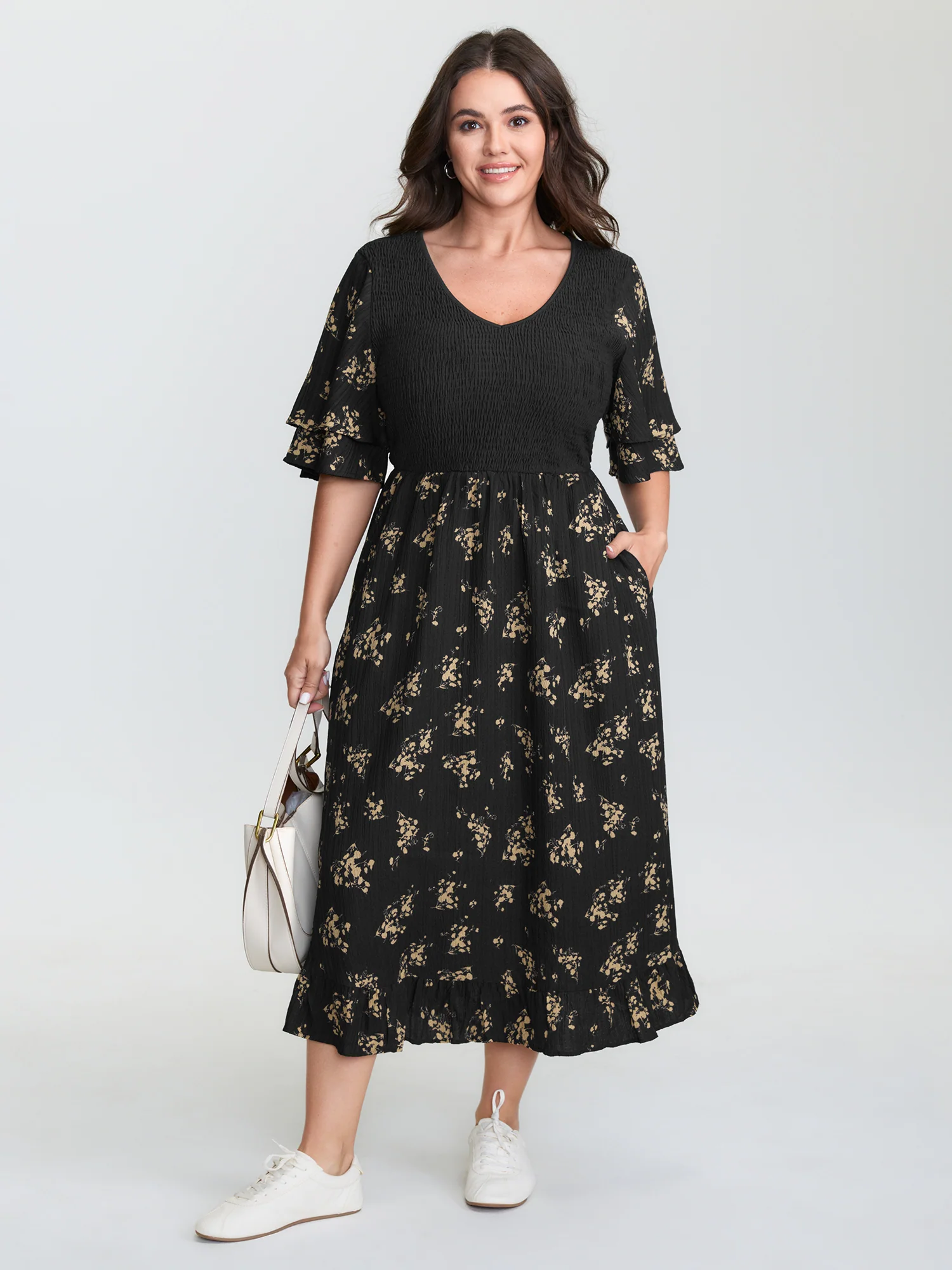 Floral Shirred Color Contrast Midi Dress