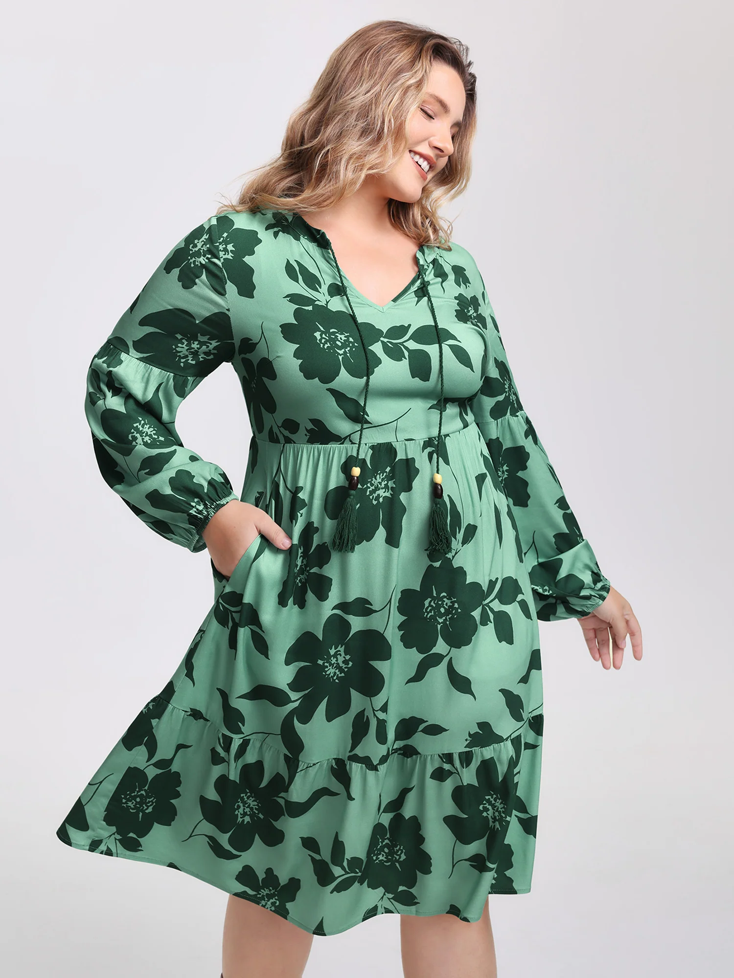 Floral Print Neck-Tie Tiered Midi Dress