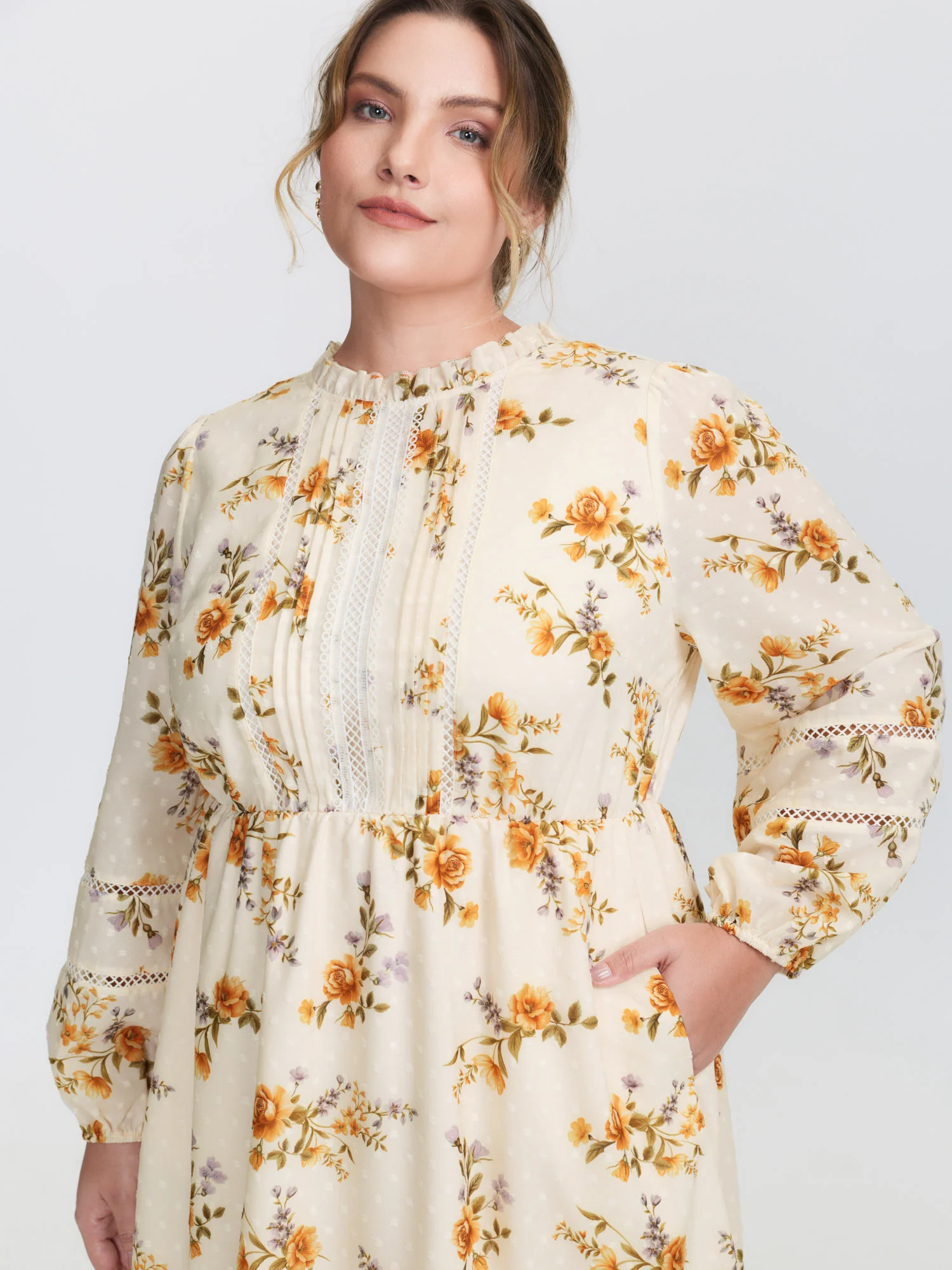 Floral Textured Lace Trim Flowy Midi Dress