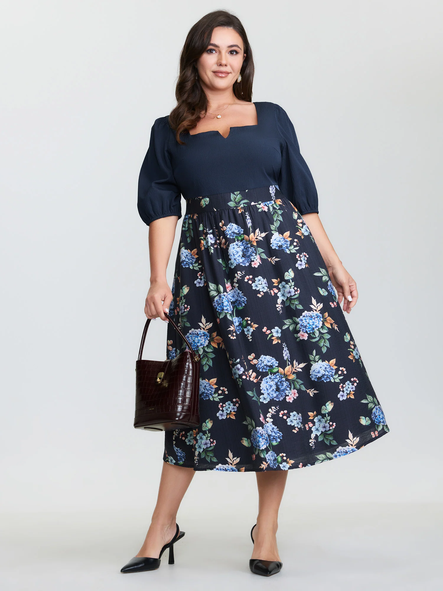 Vintage Floral Print Back-Tie Midi Dress