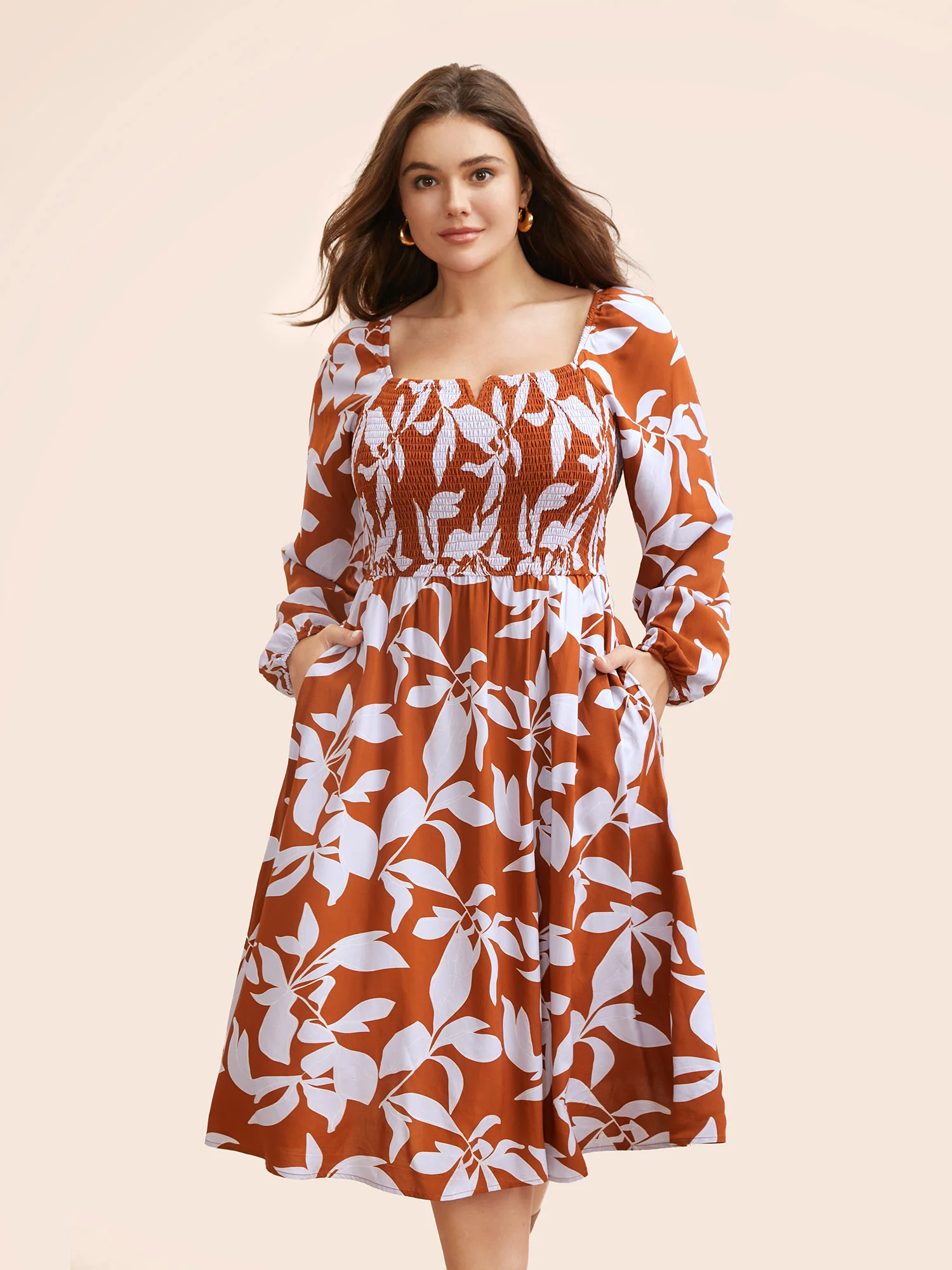 Silhouette Floral Print Shirred Midi Dress