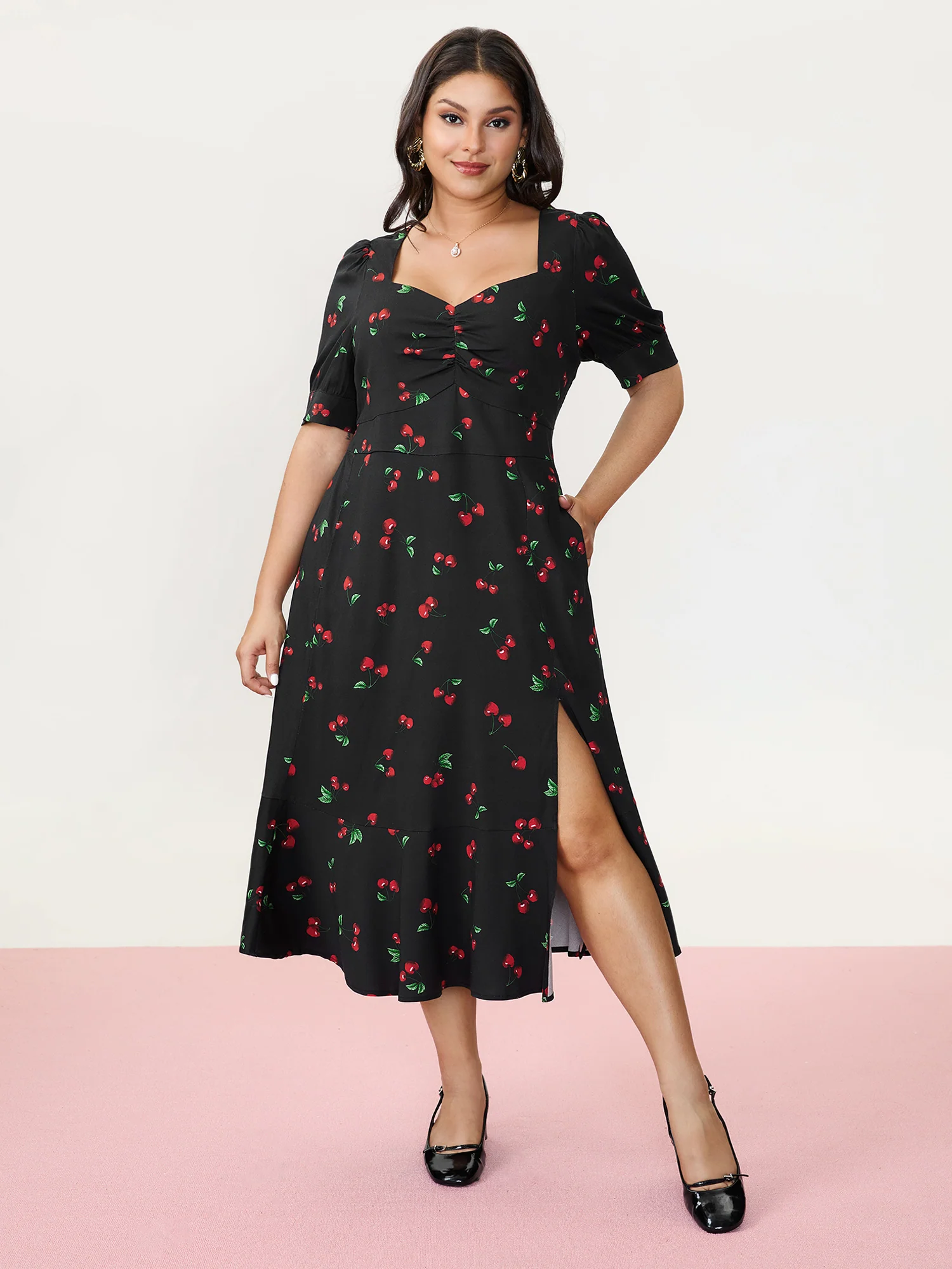Cherry Print Split Hem Midi Dress
