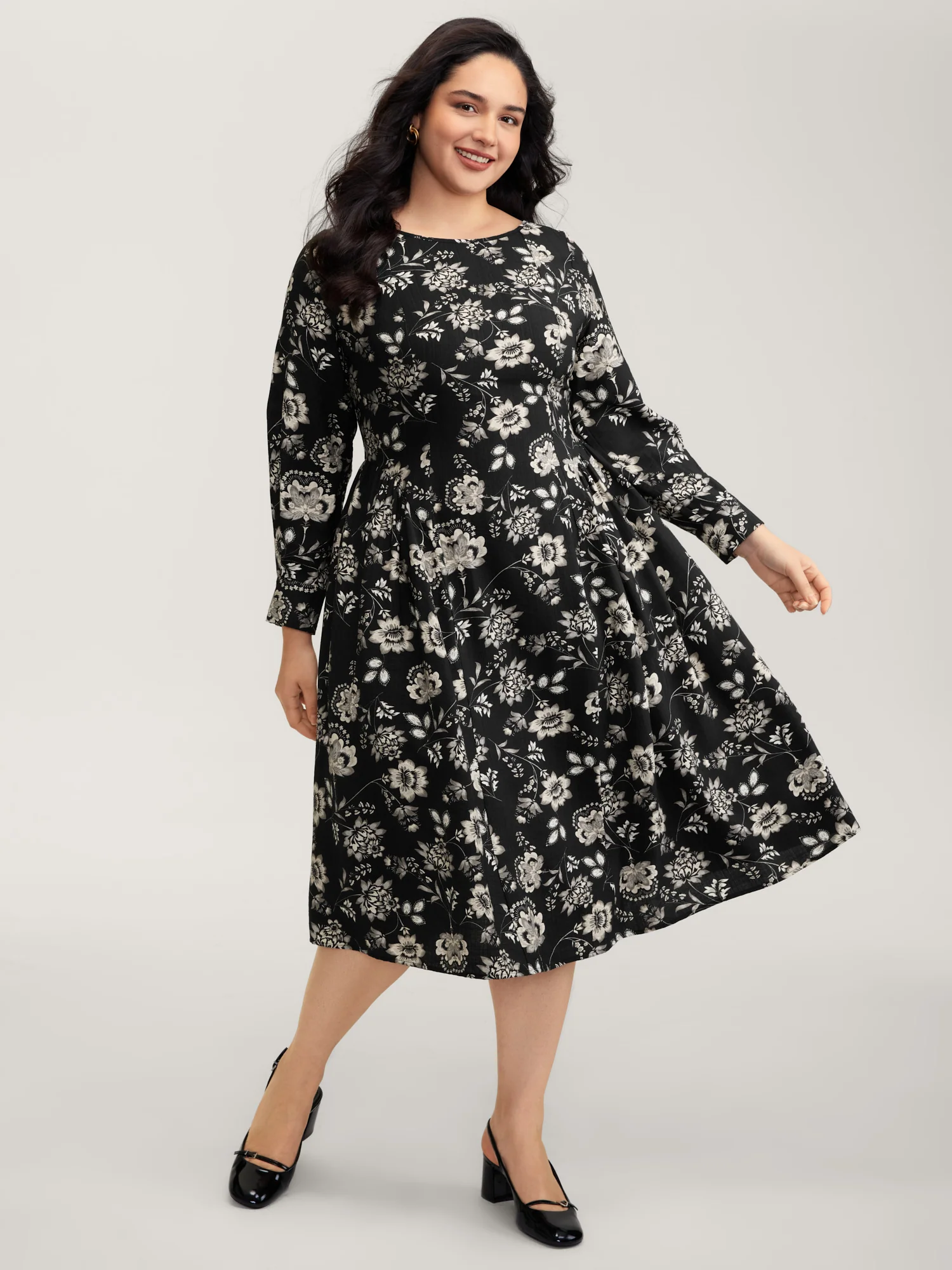 Floral Print Boat Neckline Midi Dress