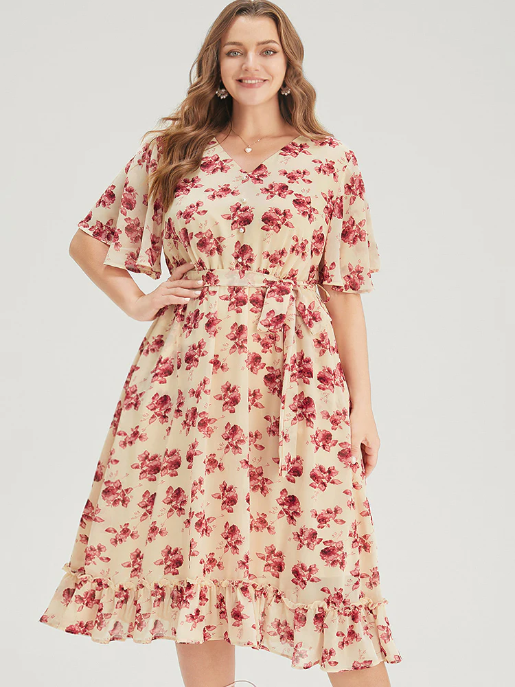 Floral Print Pearl Beaded Pocket Belt Ruffle Hem Dress