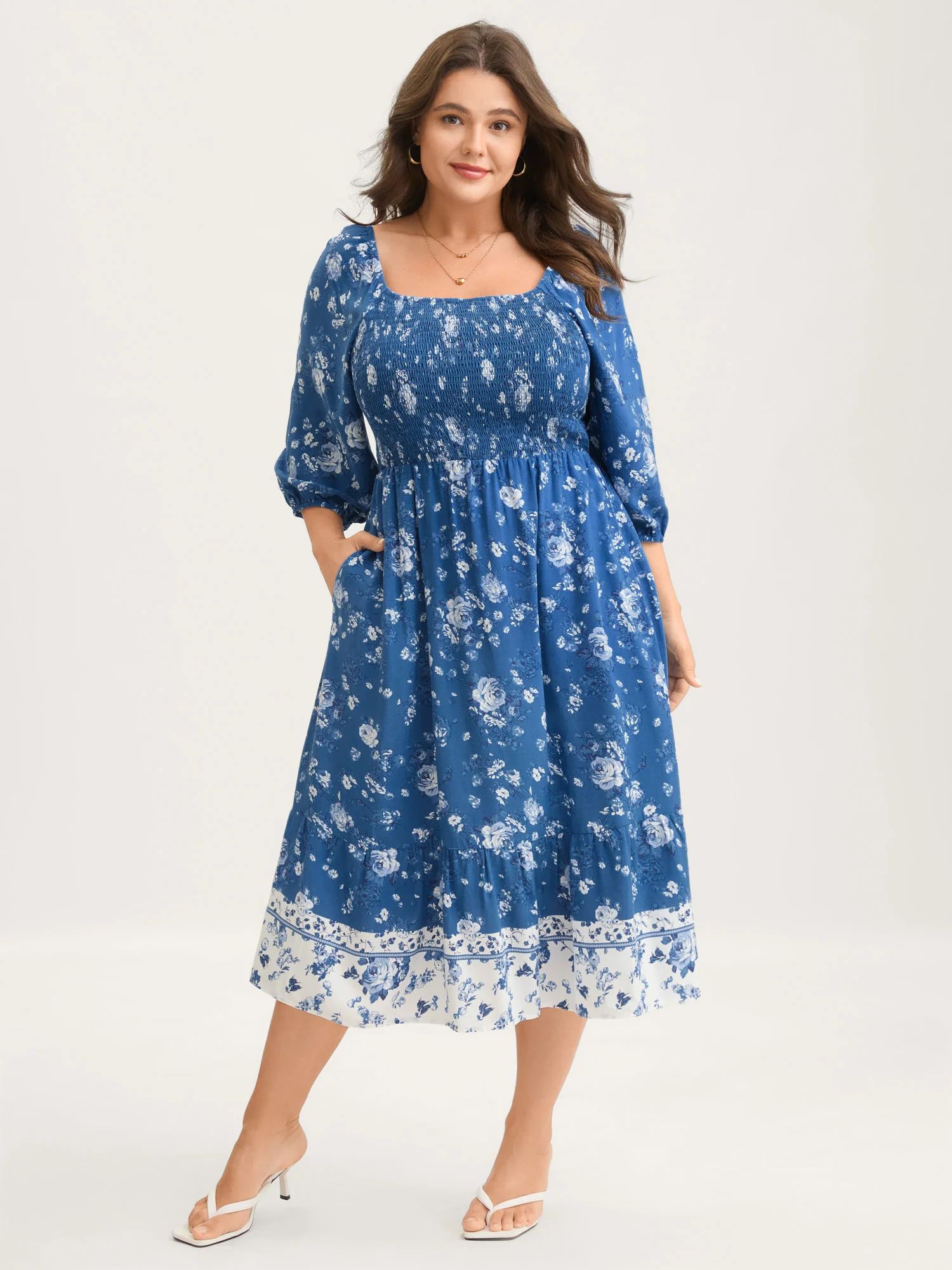 Rosy Print Shirred Bust Pockets Midi Dress