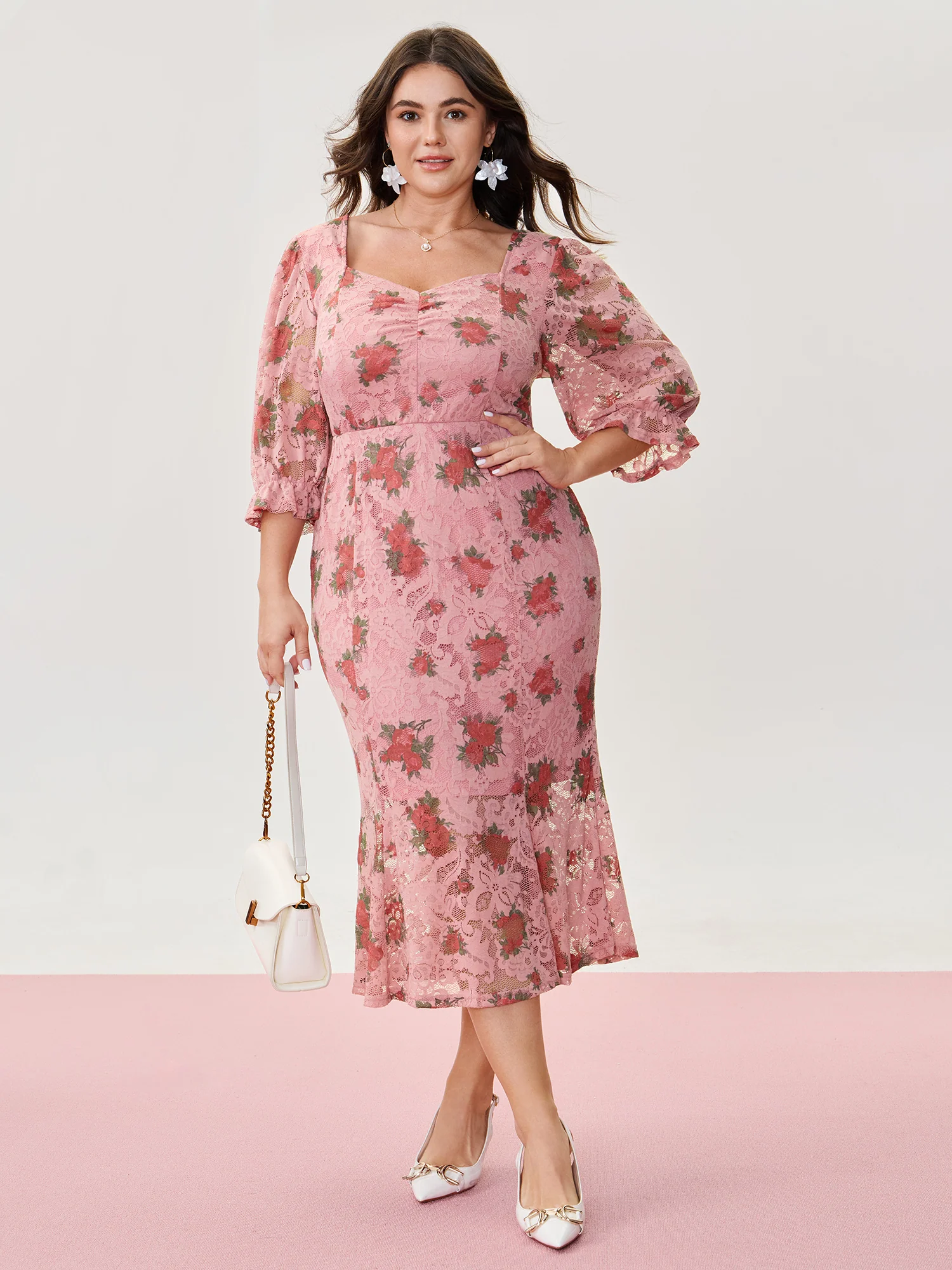 Romantic Lace Print Pockets Midi Dress