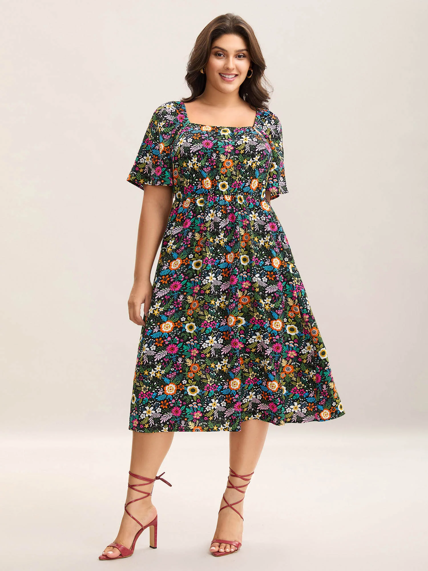 Bold Floral Print Pockets Midi Dress