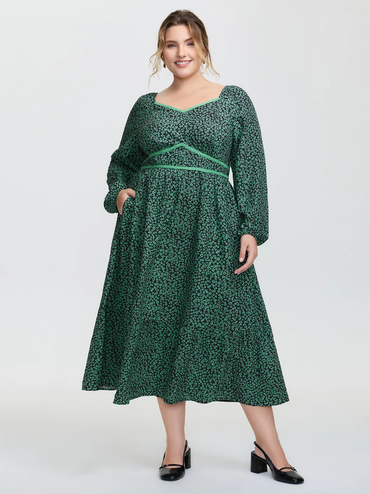 Floral Lace Trim Cinched-Waist Maxi Dress