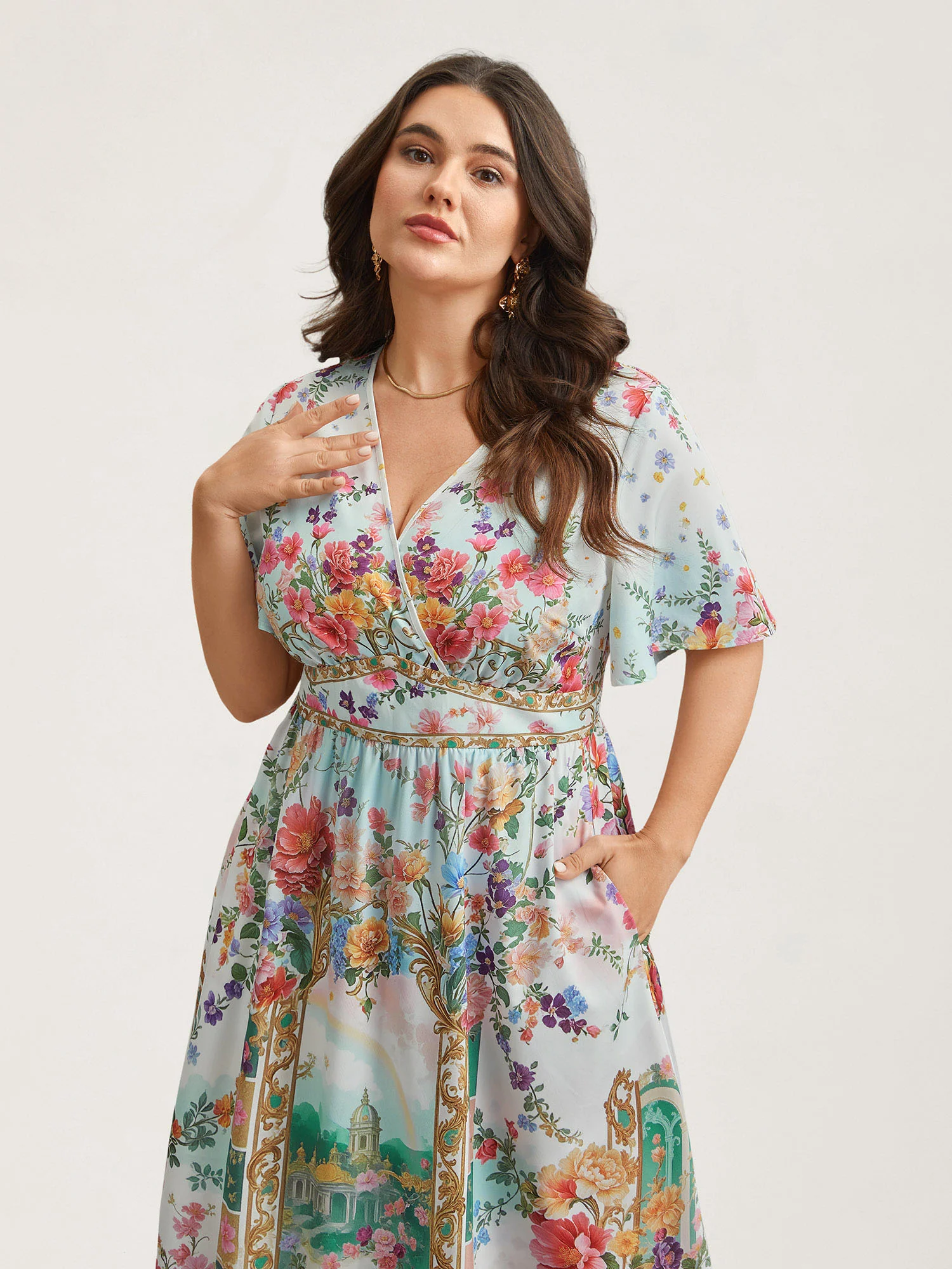Floral Print Wrap-Neck Flared Sleeve Maxi Dress