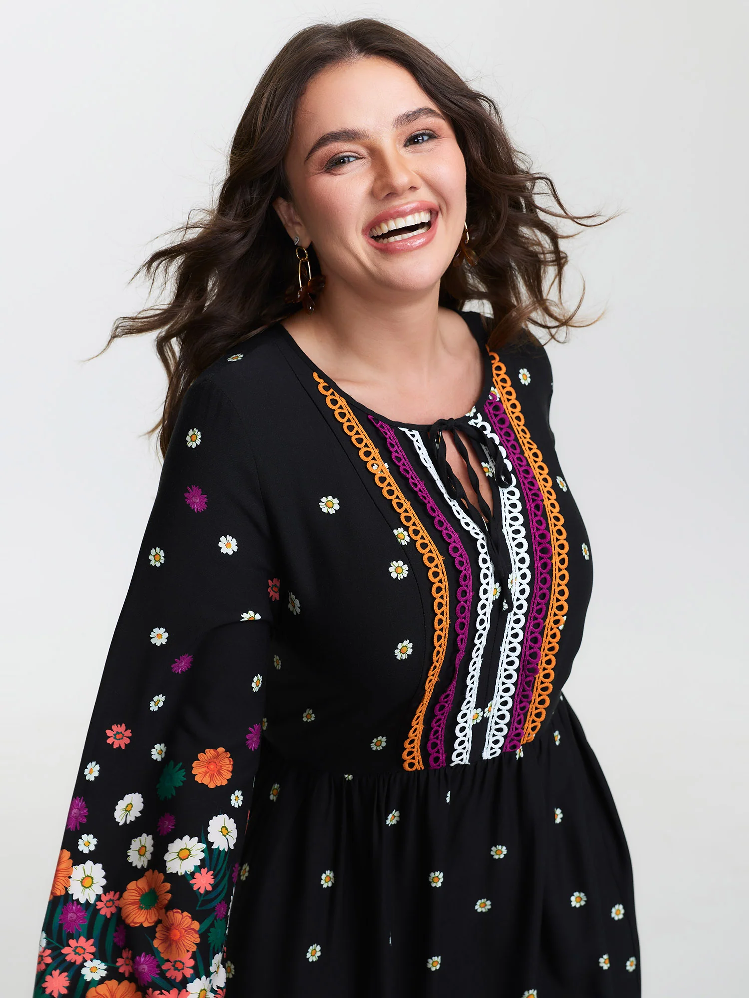 Floral Color Contrast Flared Sleeve Maxi Dress