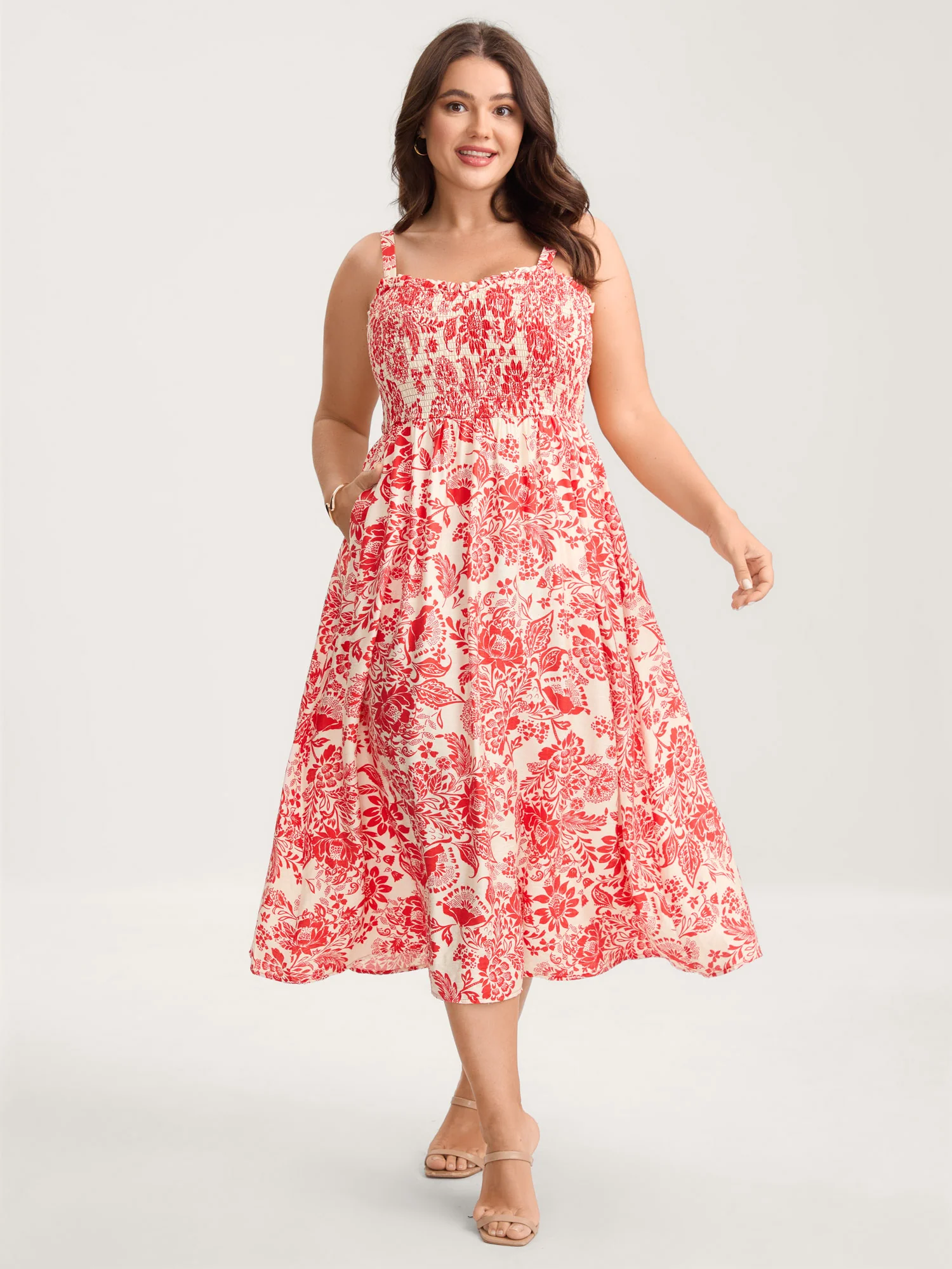 Floral Shirred Ruffled Cami Midi Dress