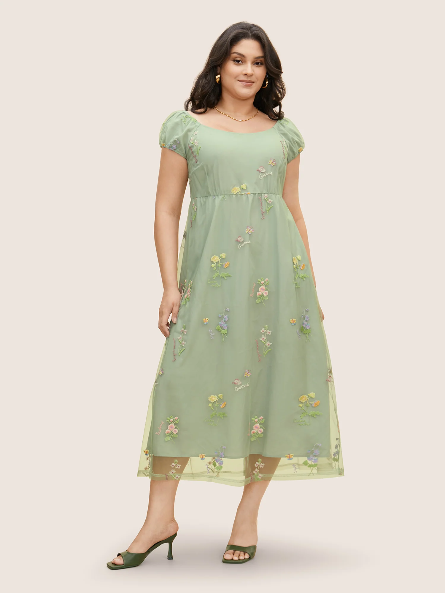 Mesh Floral Embroidered Cap Sleeve Midi Dress