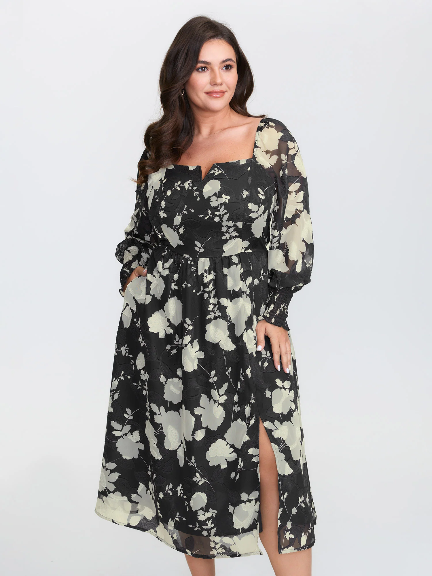 Silhouette Flower Print Shirred Pockets Midi Dress