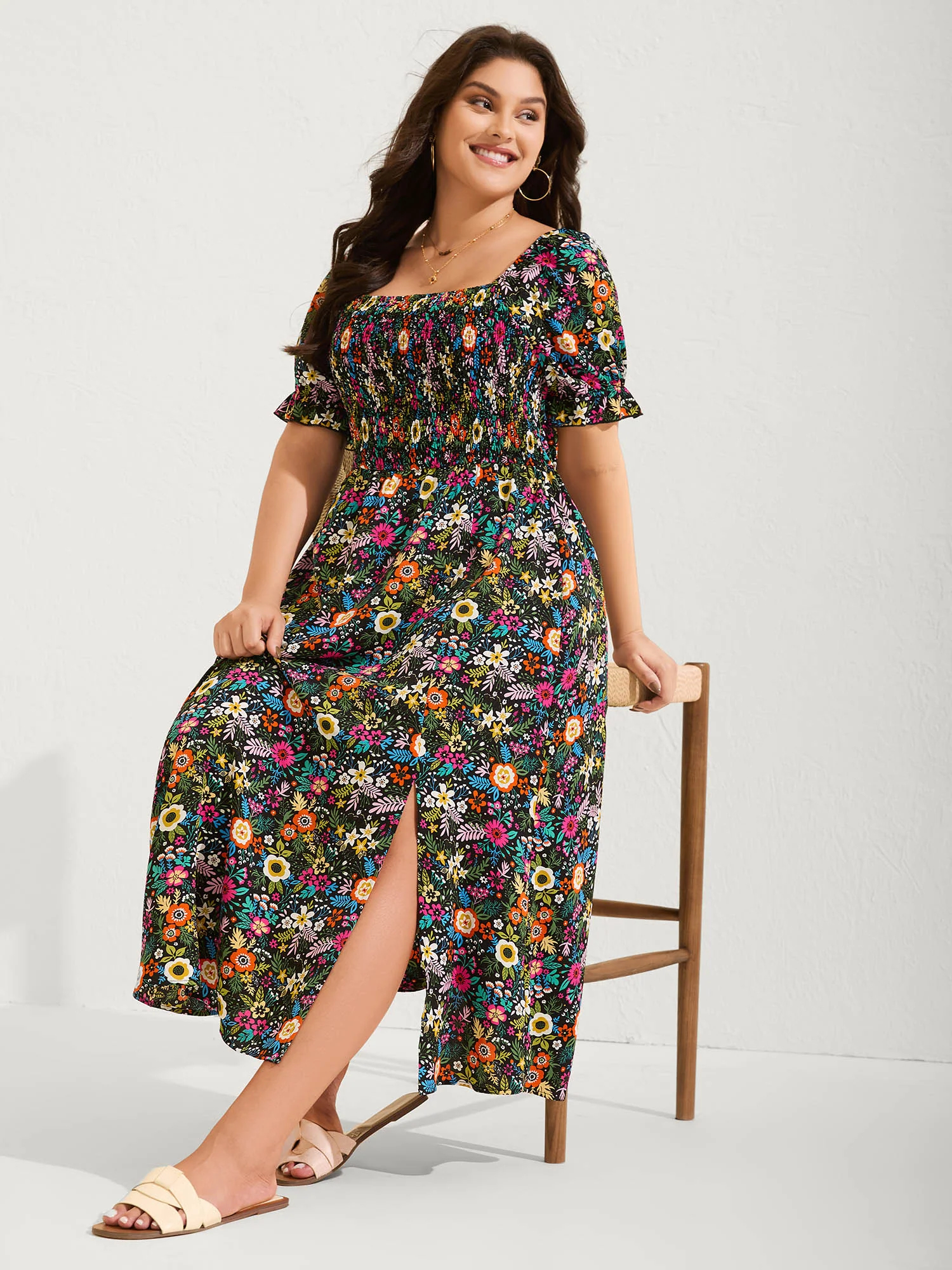 Shirred Stretchy Waist Floral Midi Dress