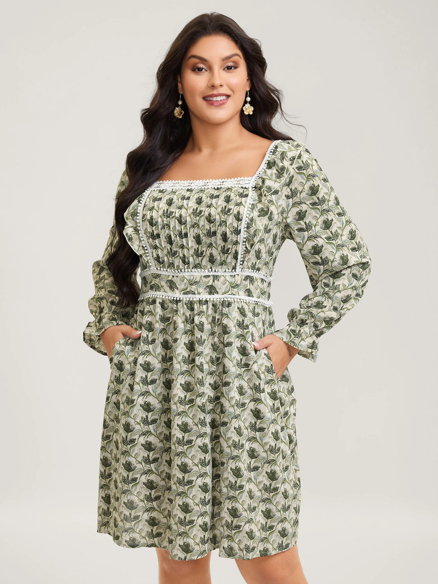 Fall Floral Print Lace Trim Midi Dress