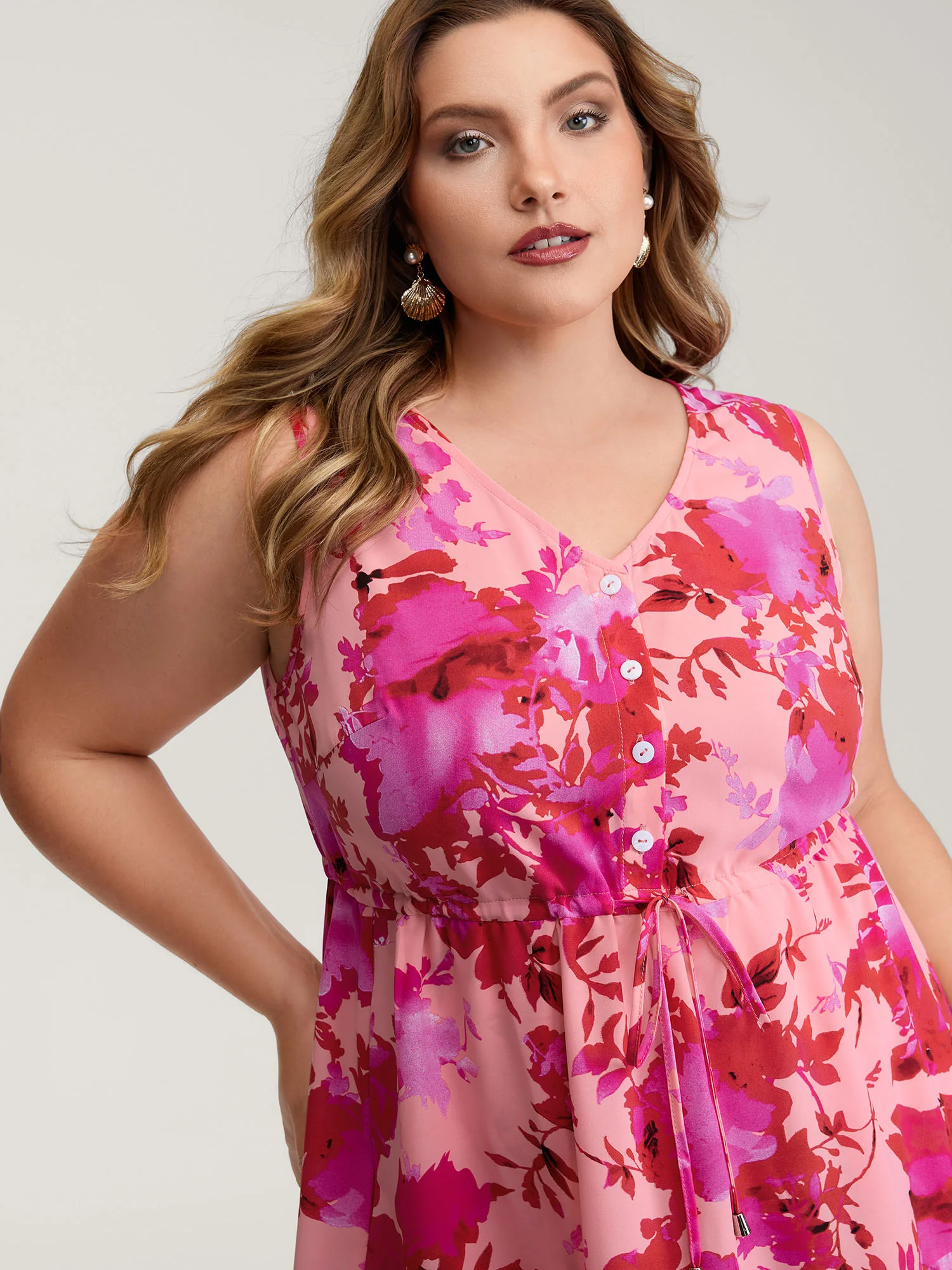 Floral Print Flowy Skirt Drawstring Maxi Dress