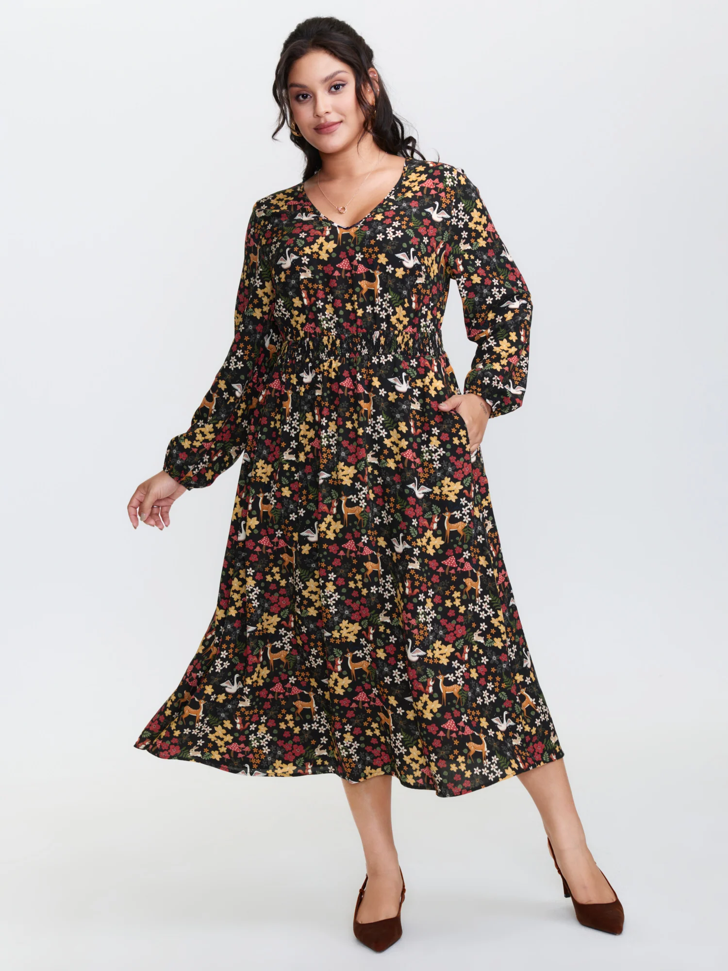 Floral Garden Print Cinched-Waist Midi Dress