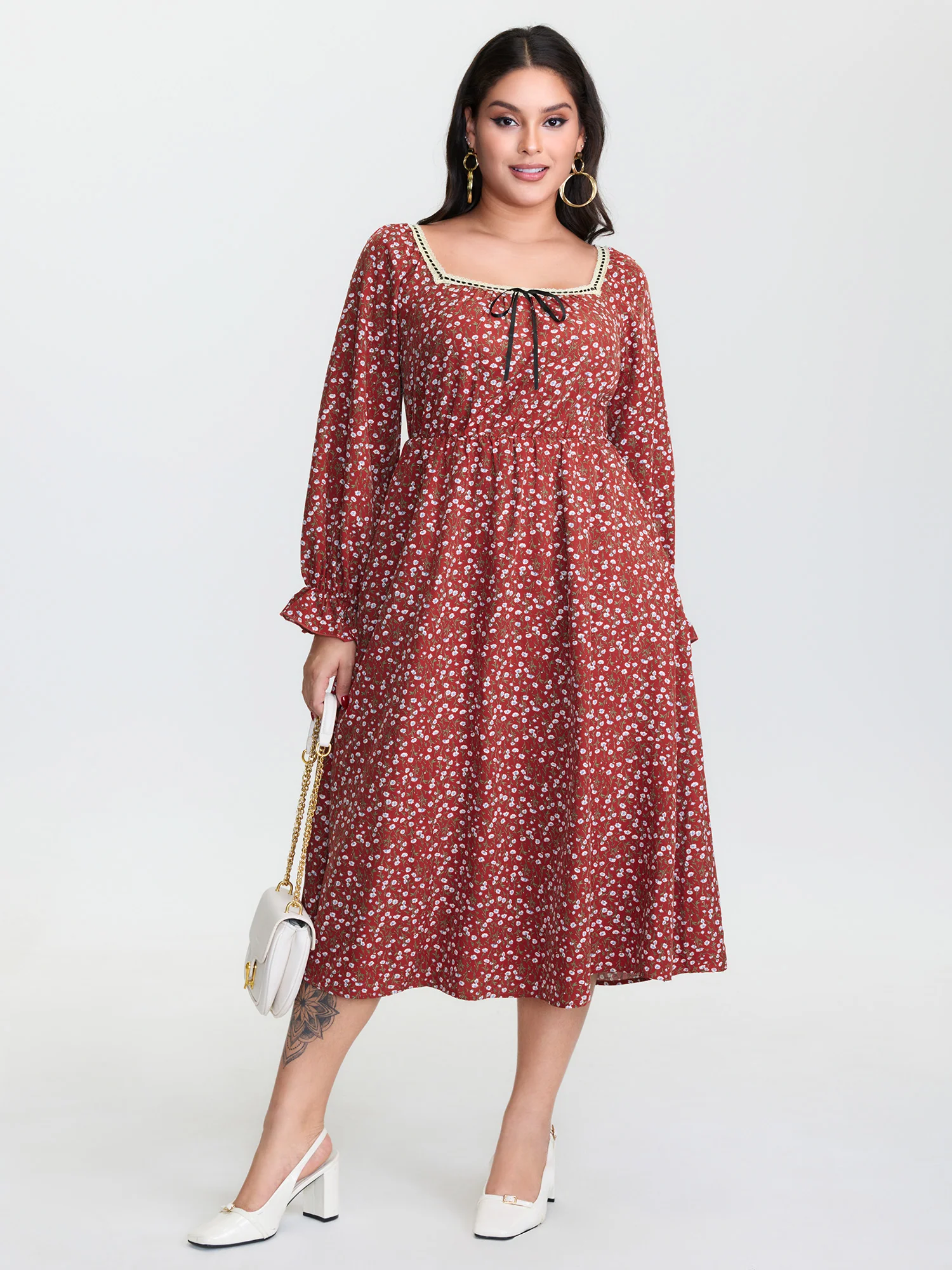 Floral Print Square Neckline Drawstring Midi Dress