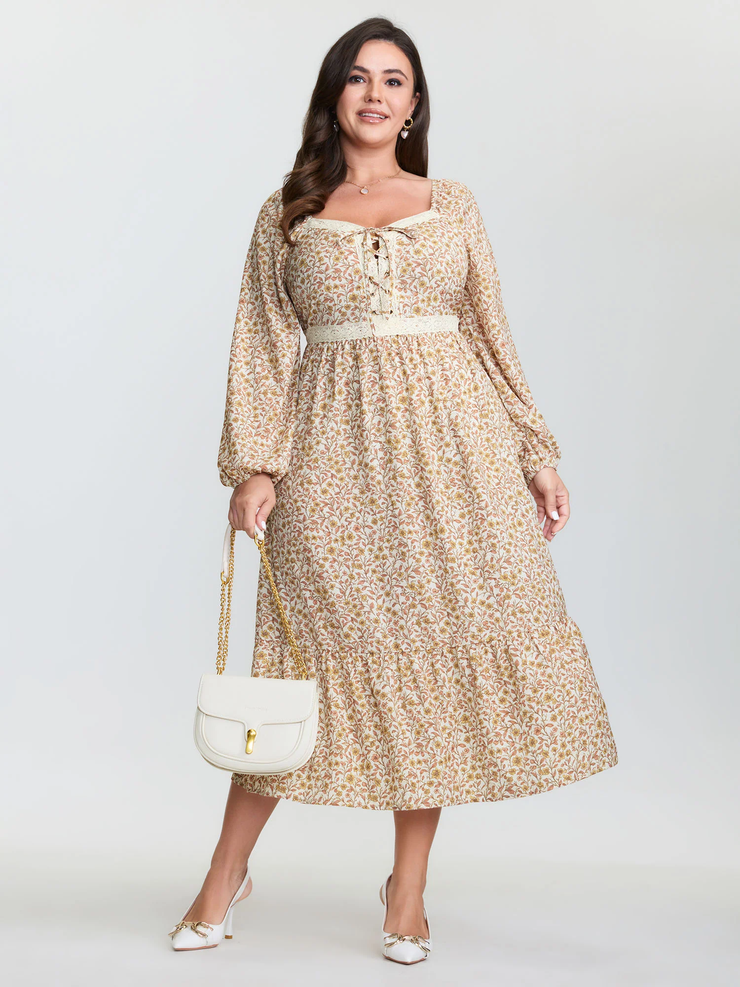 Retro Floral Print Lace Trim Midi Dress