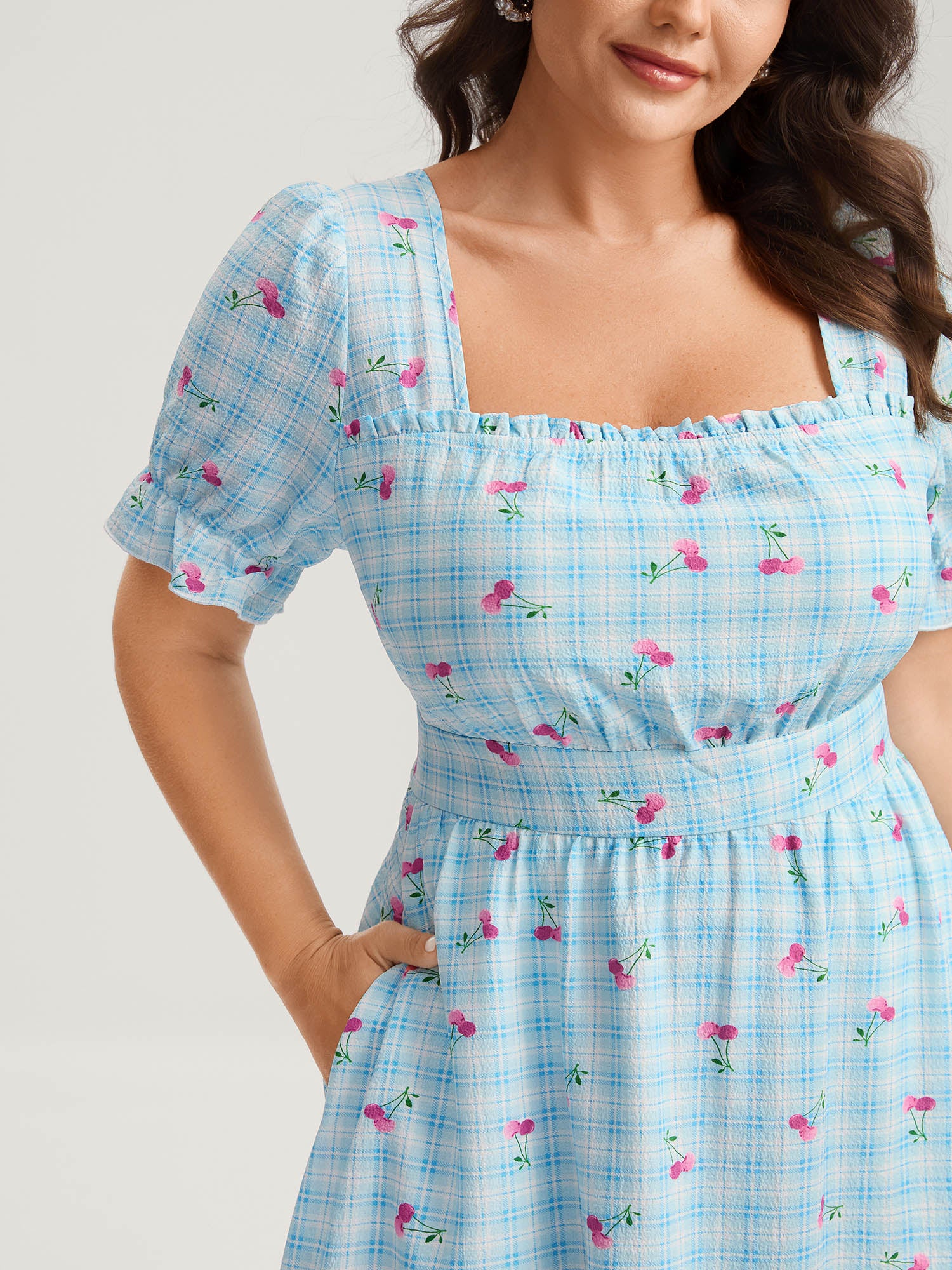 Cherry Gingham Print Shirred Midi Dress