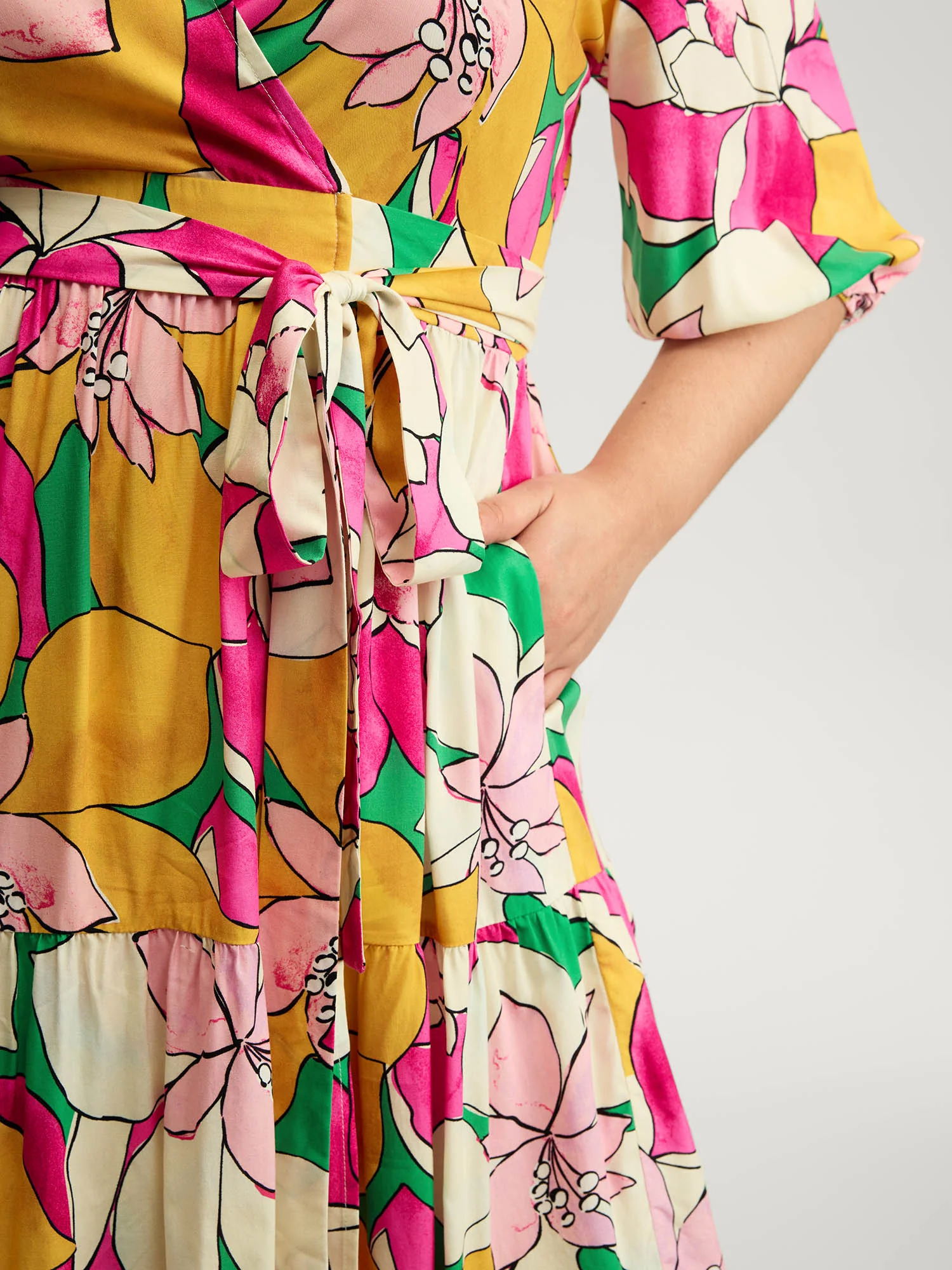 Colorful Floral Print Belted Pockets Midi Dress