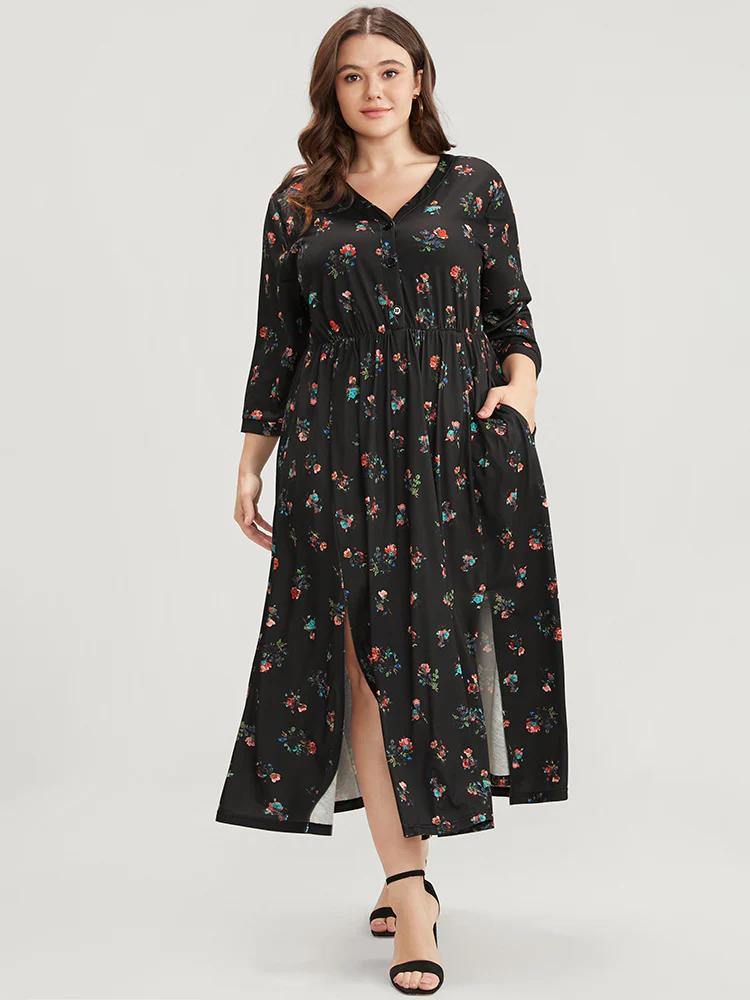 Ditsy Floral Button Up Pocket Split Hem Dress