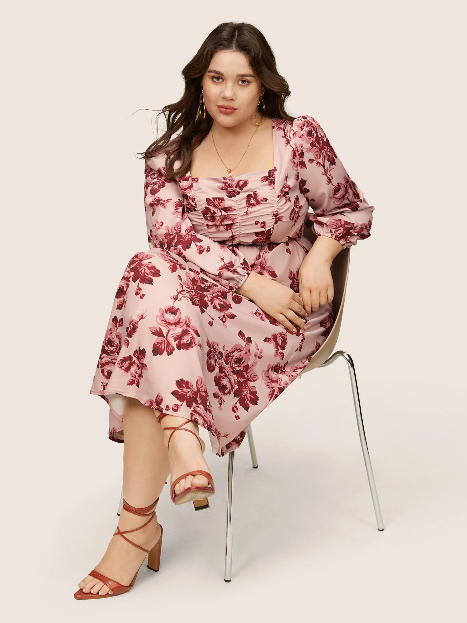 Floral Ruched Square Neck Lantern Sleeve Dress