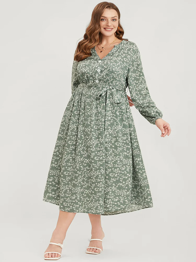 Ditsy Floral Lantern Sleeve Pocket Button Through Belted Midi Dress