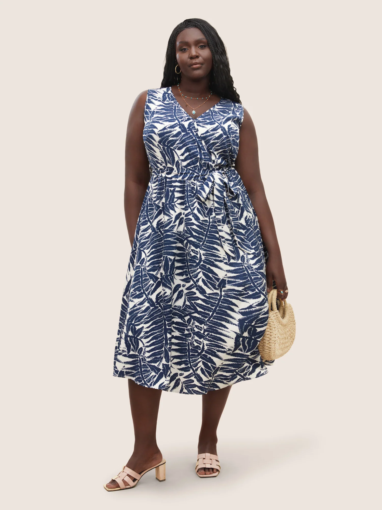 Plants Wrap Pocket Sleeveless Belted Dress