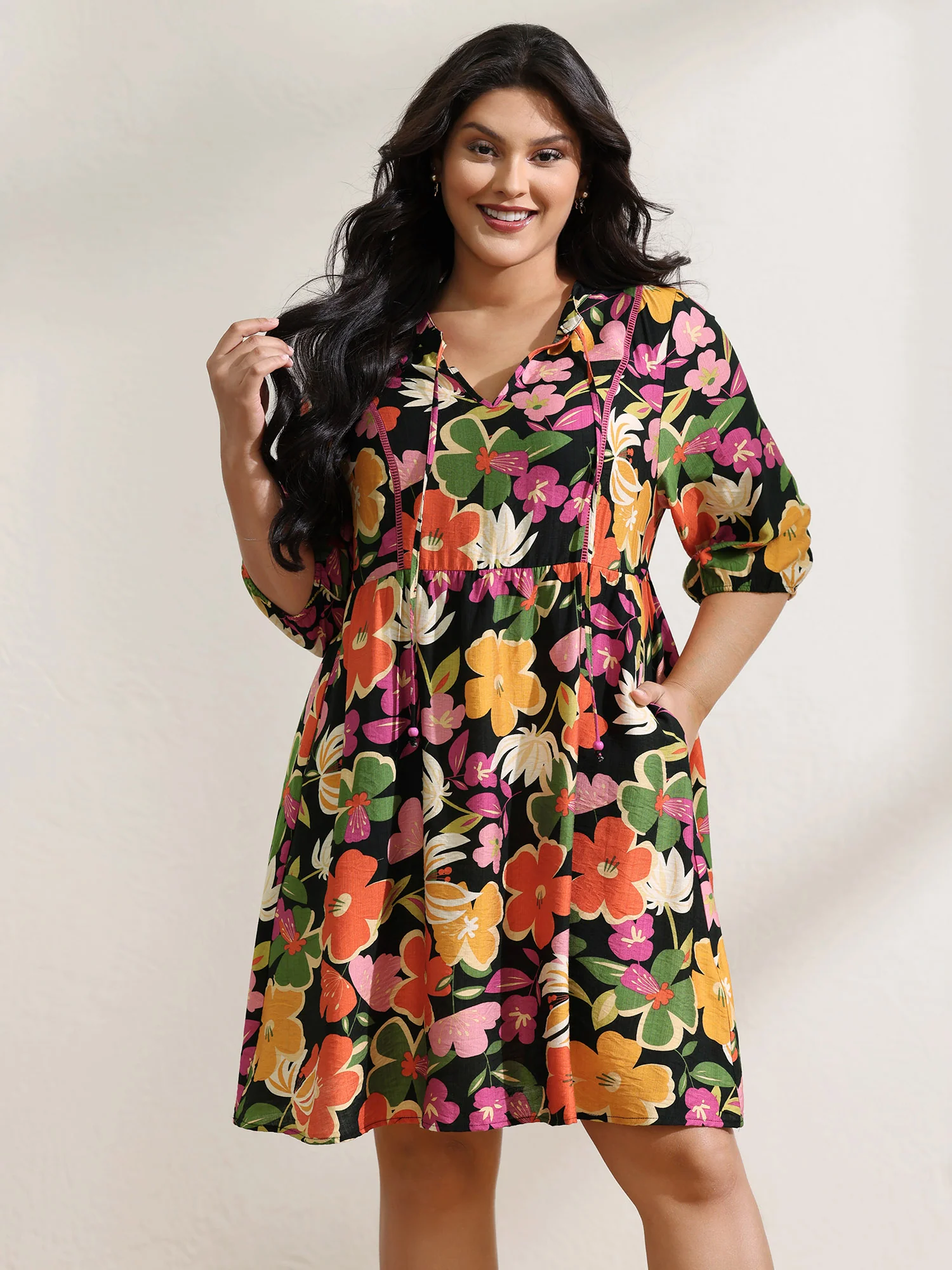 Colorful Floral Print Beaded A-Line Midi Dress