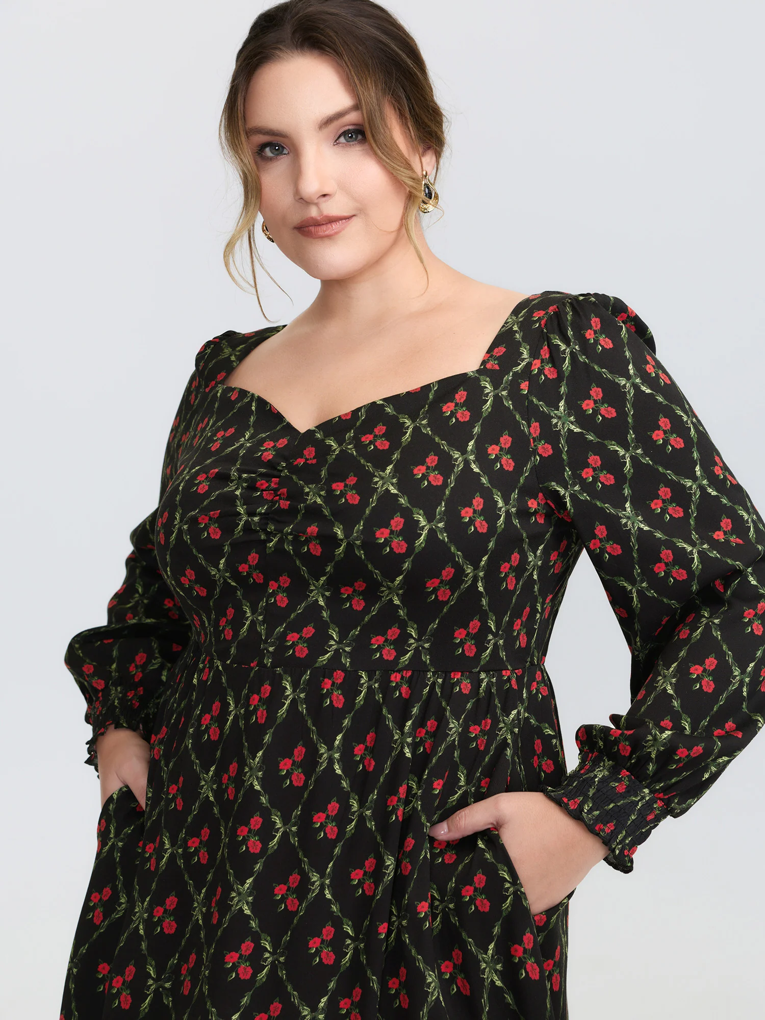 Floral Print Square Neck Ruched Midi Dress