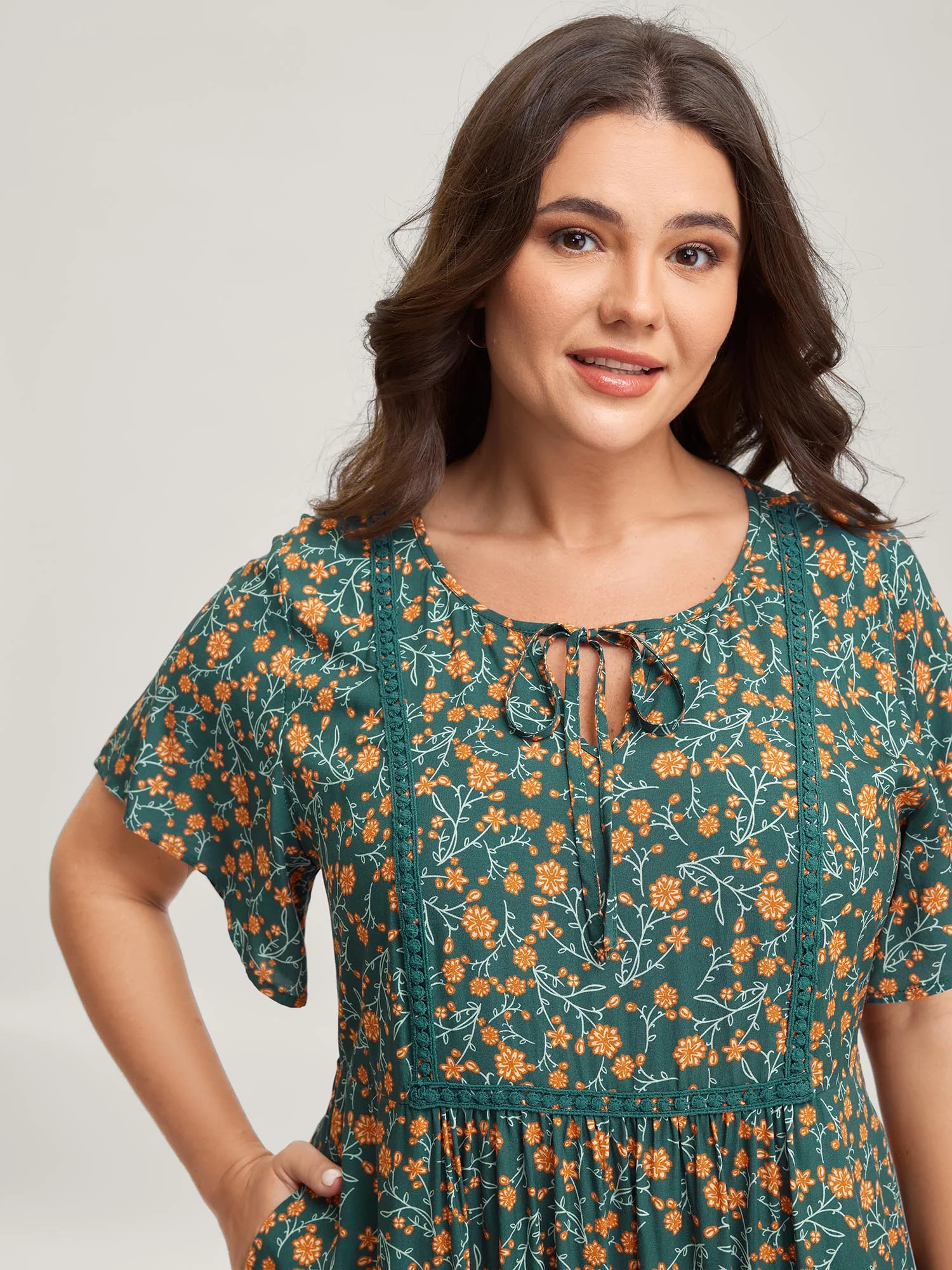 Rayon Floral Print Neck Tie Pockets Maxi Dress