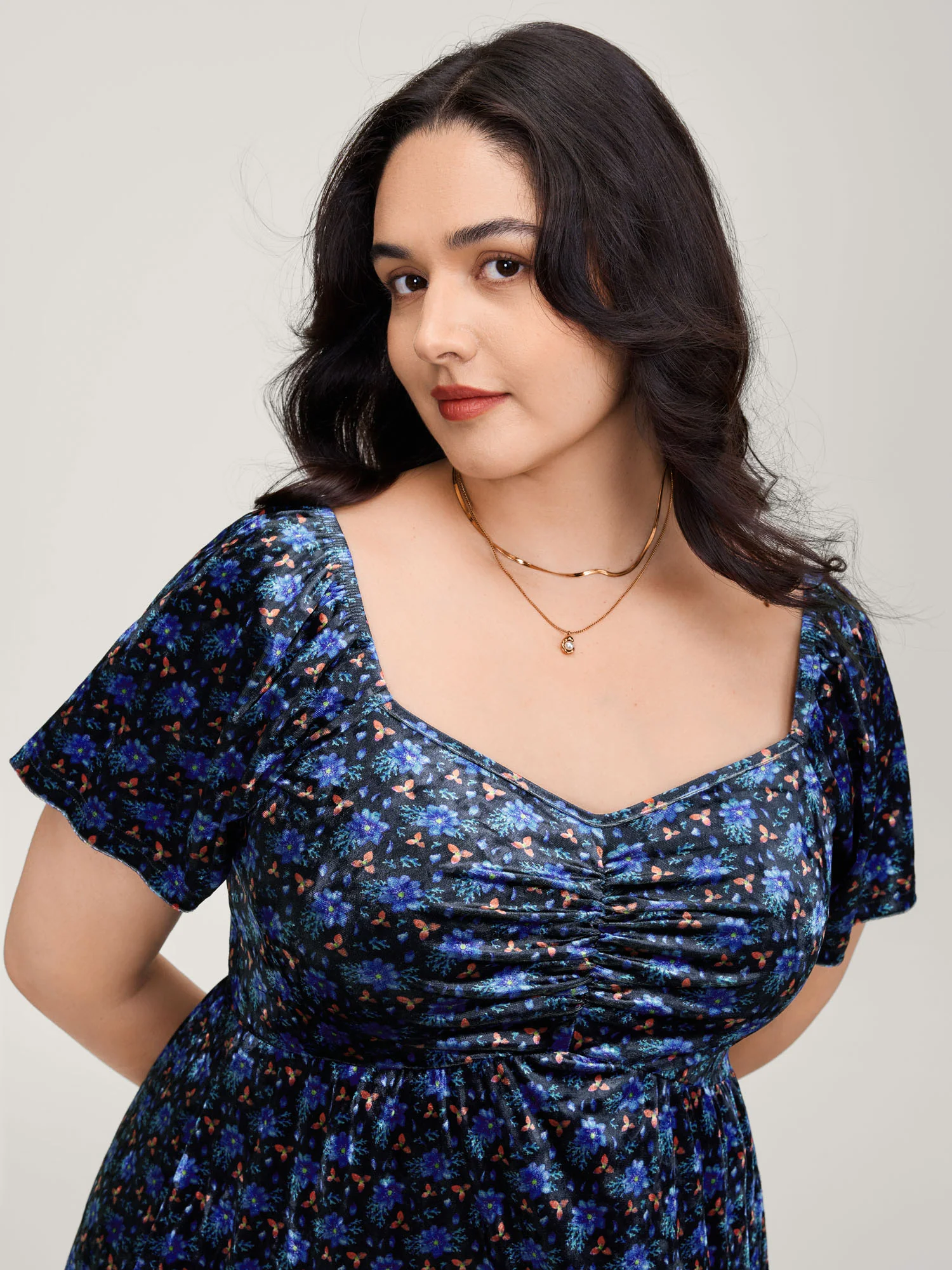 Velvet Floral Gathered Bodice Midi Dress