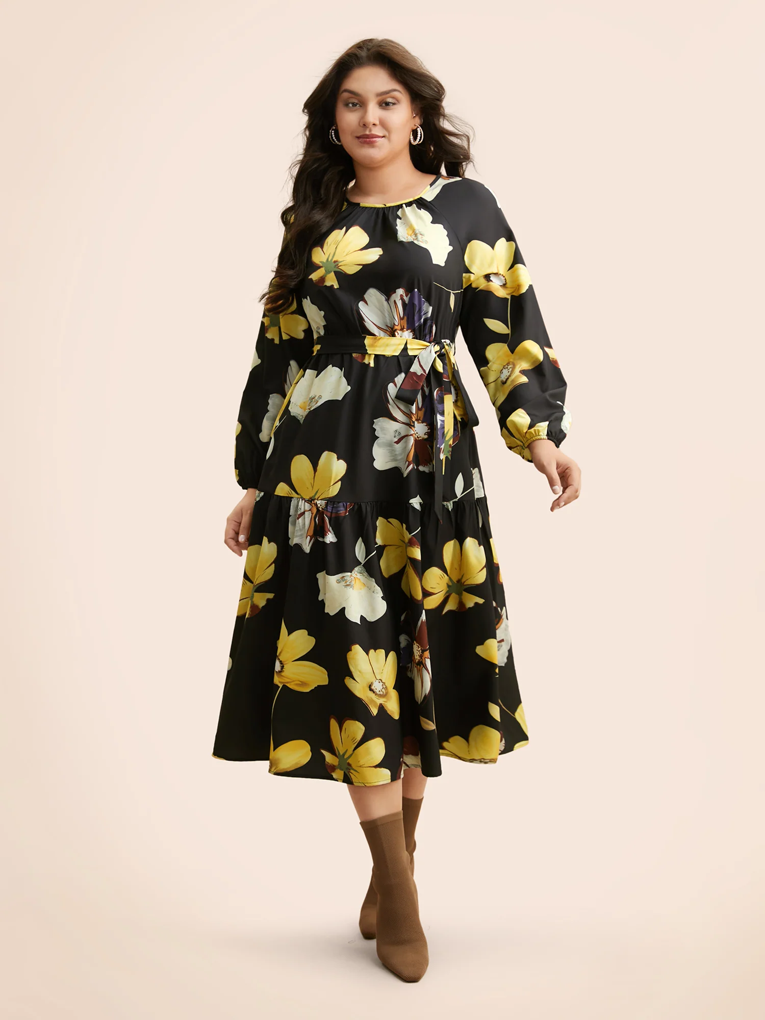 Floral Round Neck Gathered Belted Dress