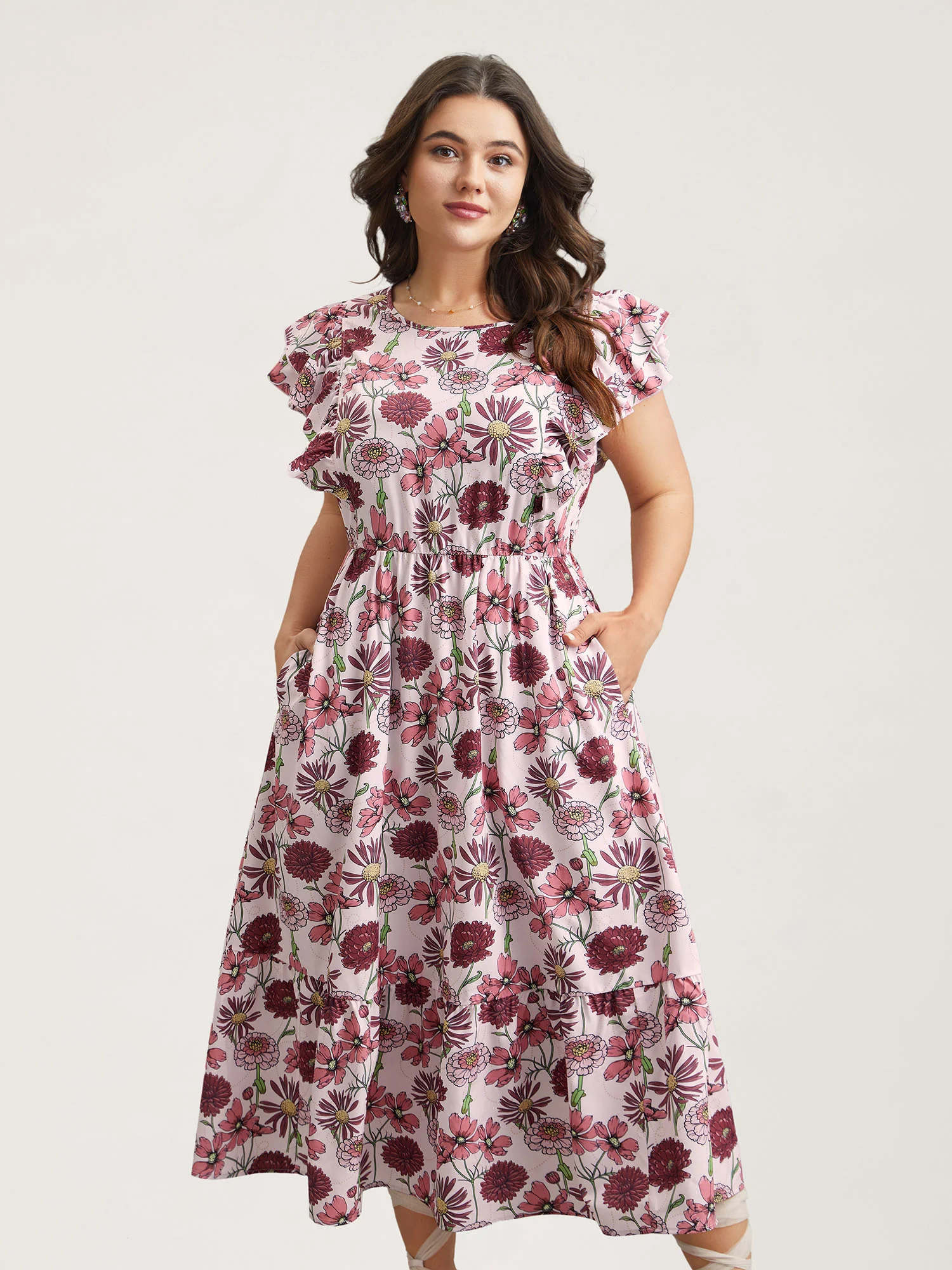 Ruffled Floral Print Stretchy-Waist Midi Dress