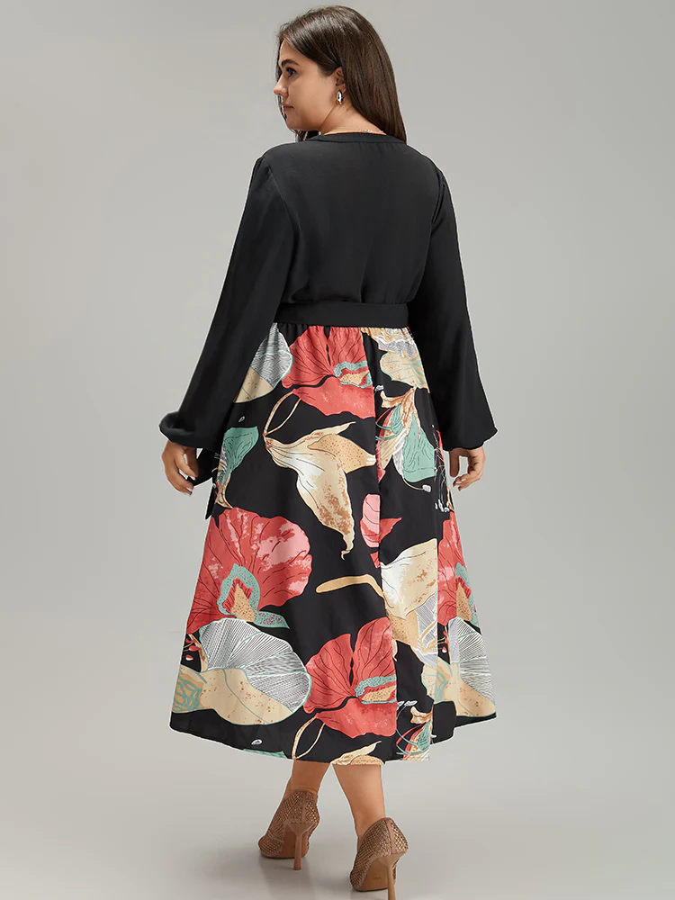 Floral Print Patchwork Notched Belted Dress