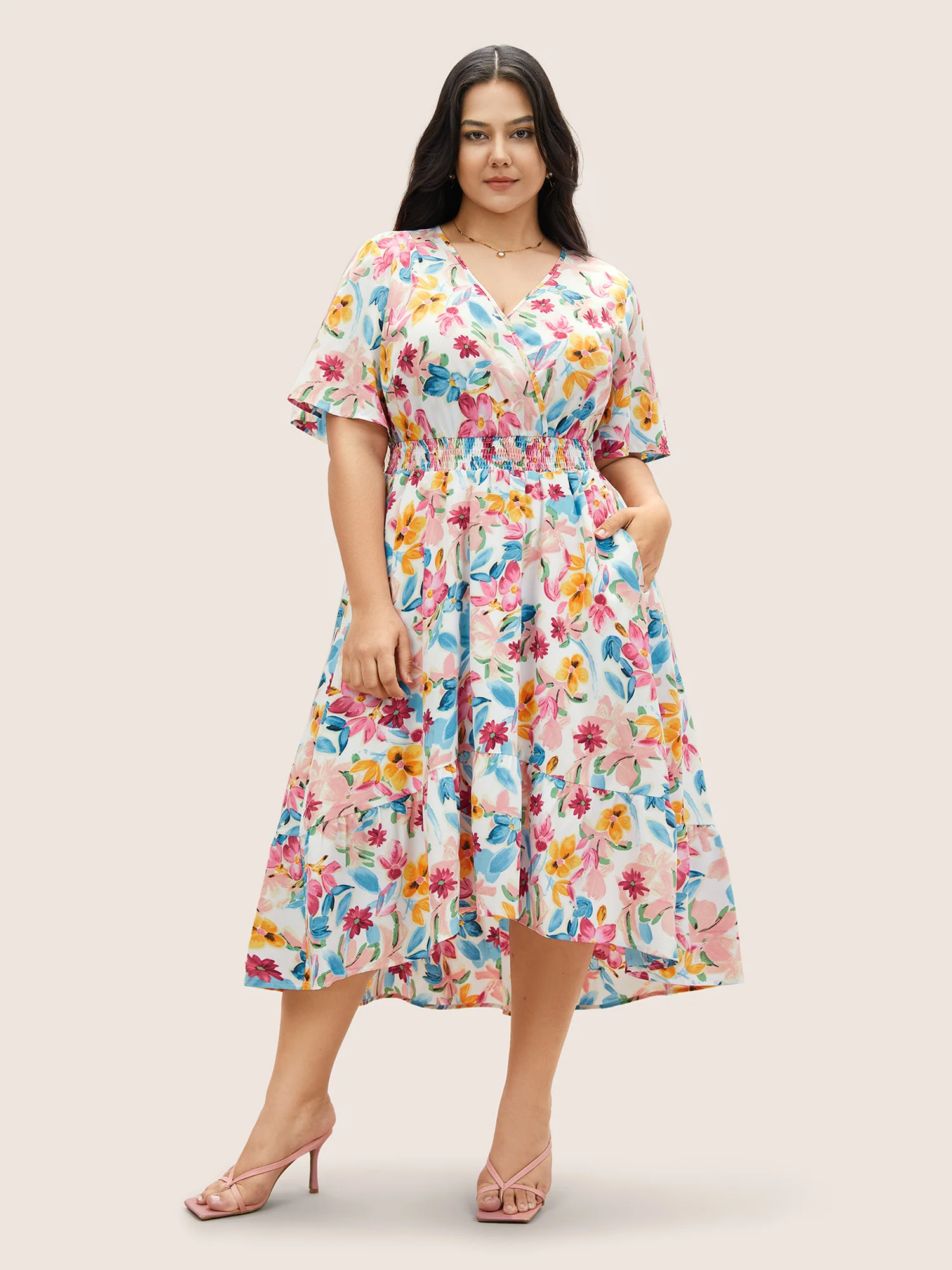 Floral Overlap Collar Shirred Ruffle Sleeve Dress