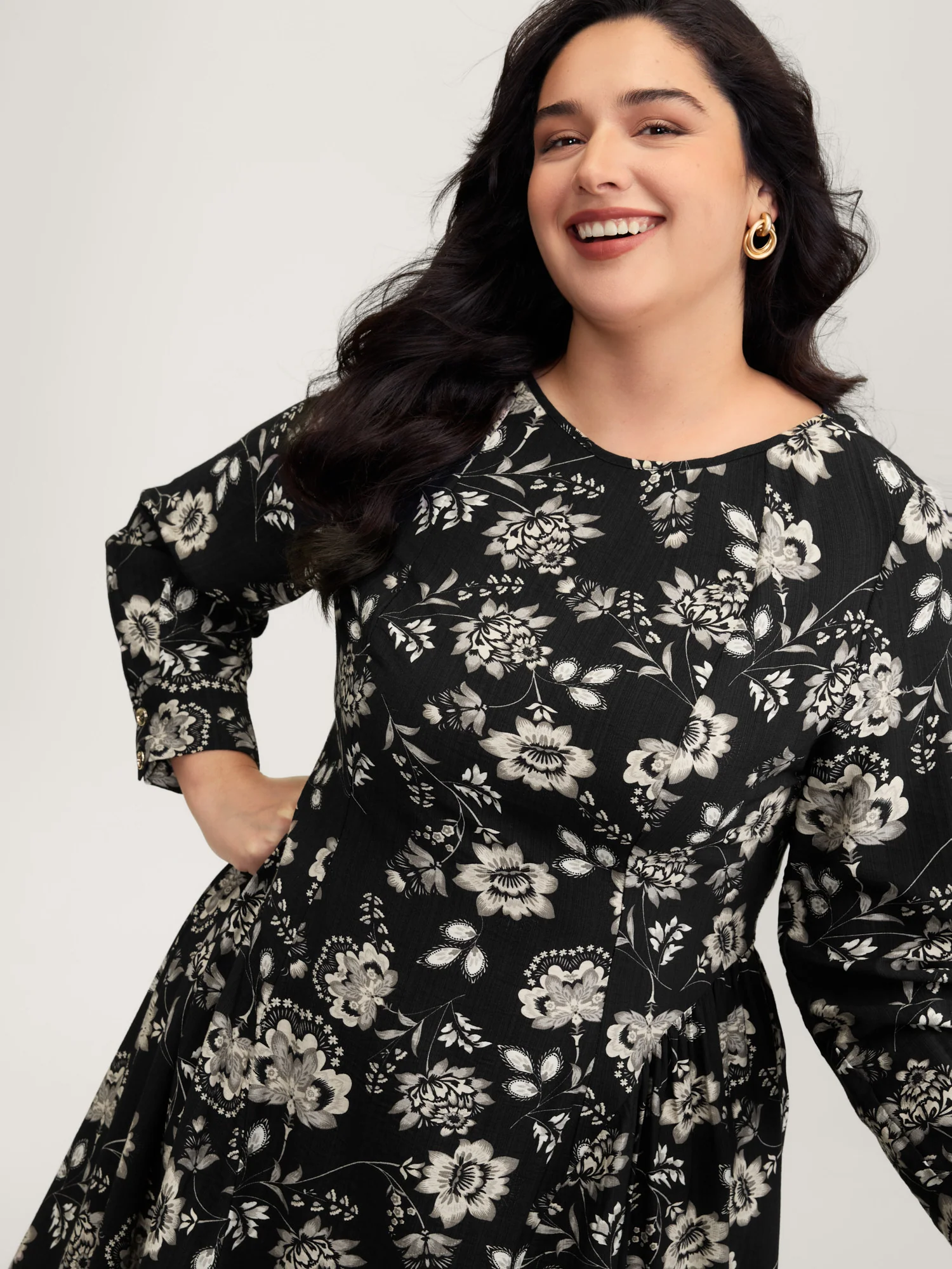 Floral Print Boat Neckline Midi Dress