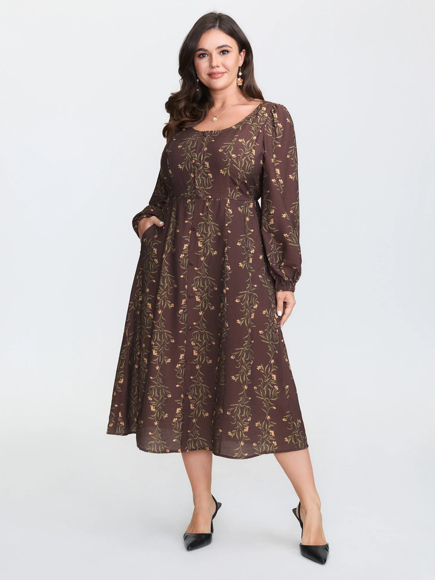 Floral Print Button Detail Round Neck Midi Dress