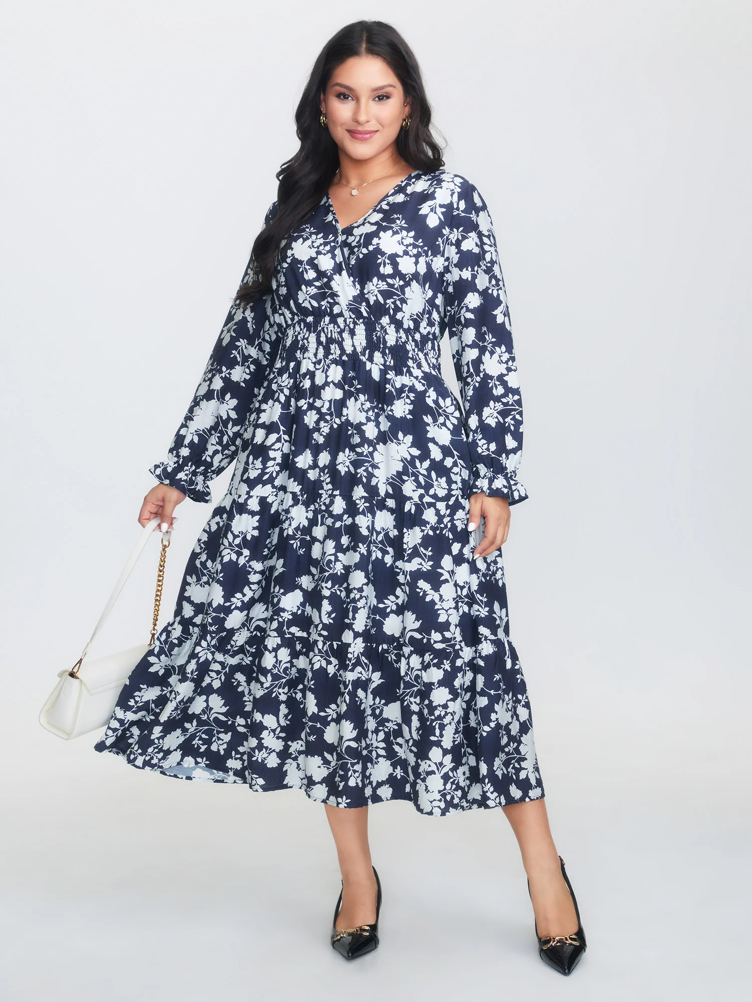 Floral Shirred Waist Pockets Midi Dress