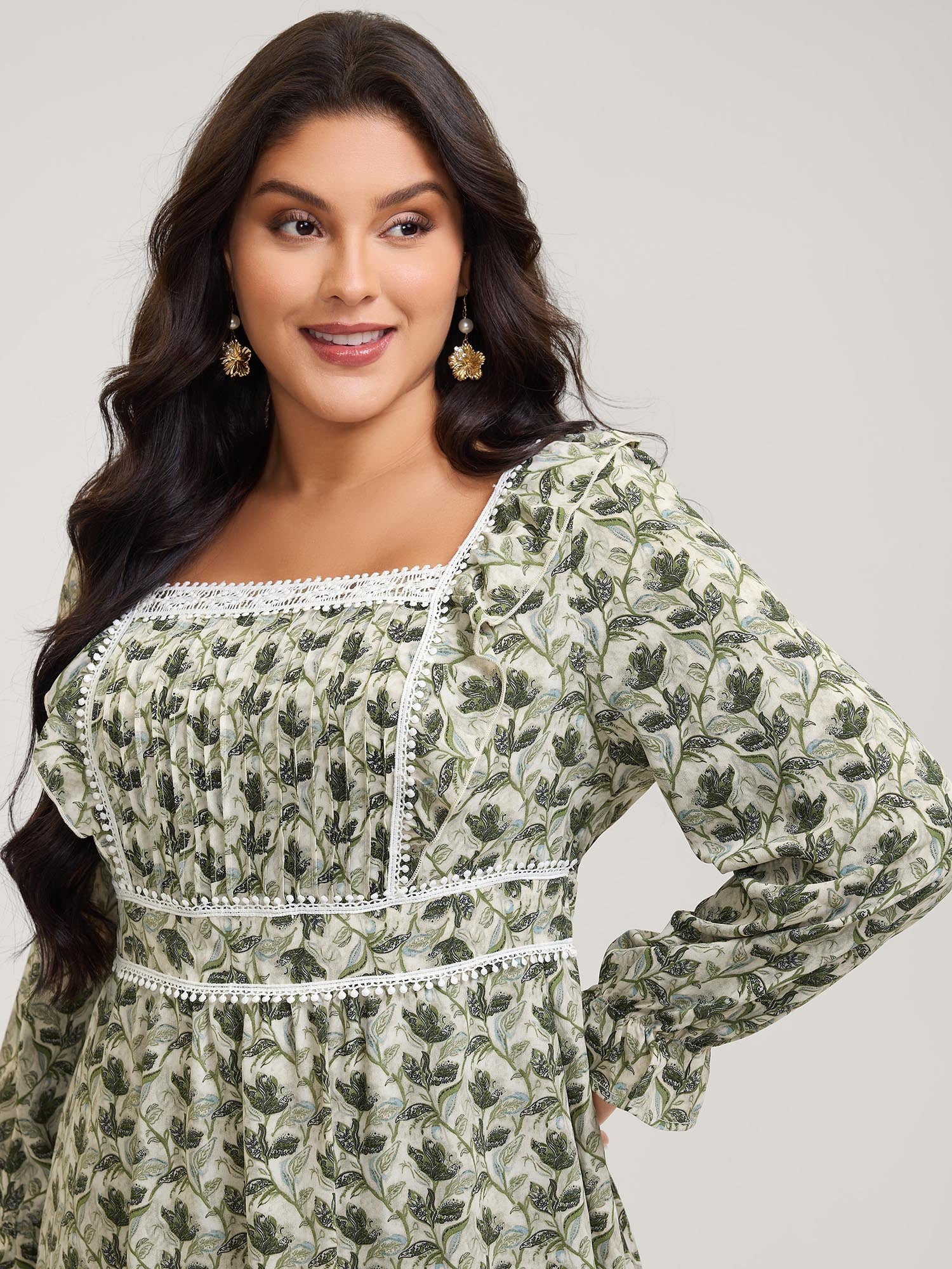 Fall Floral Print Lace Trim Midi Dress