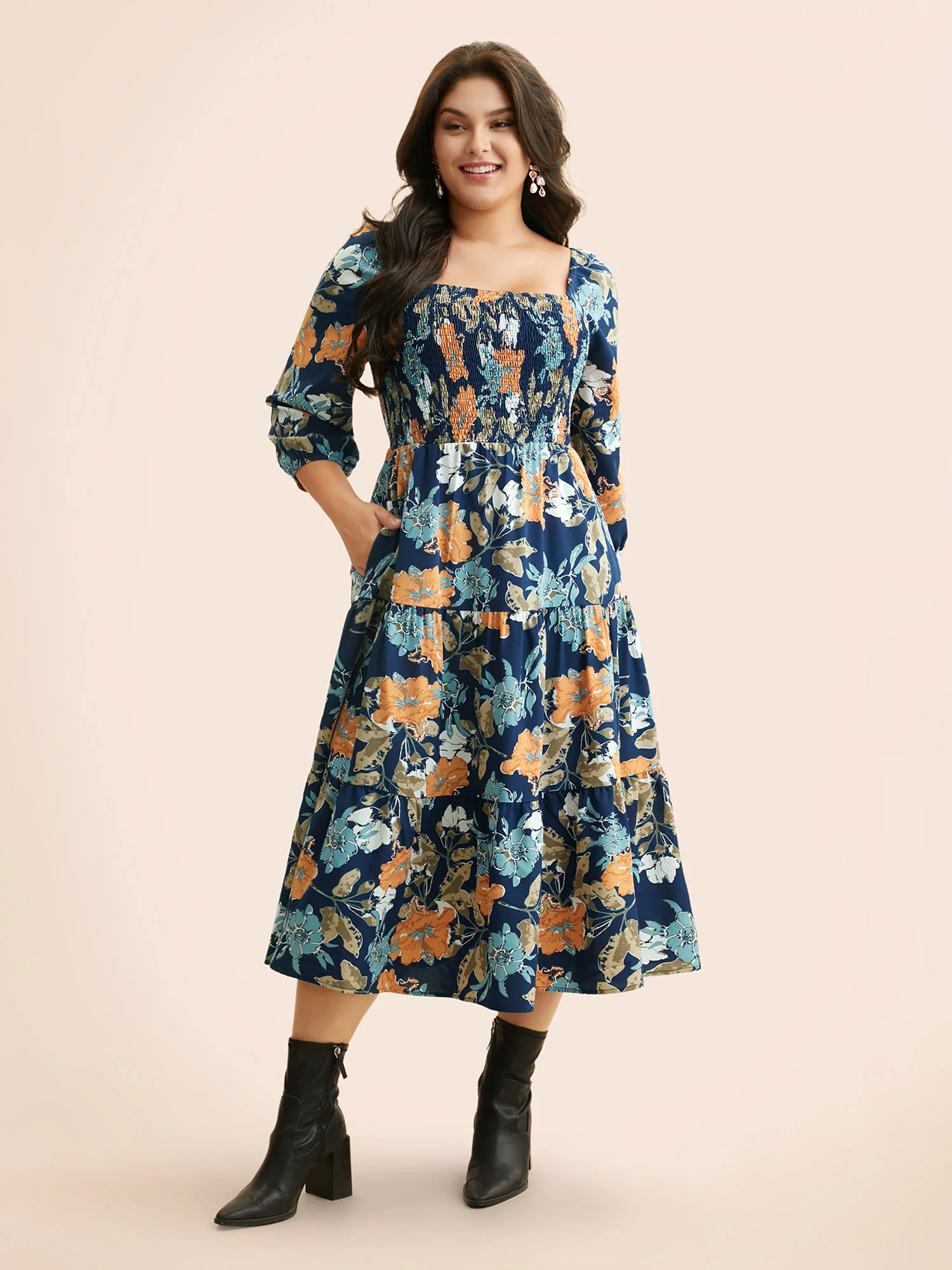 Square Neck Floral Shirred Midi Dress