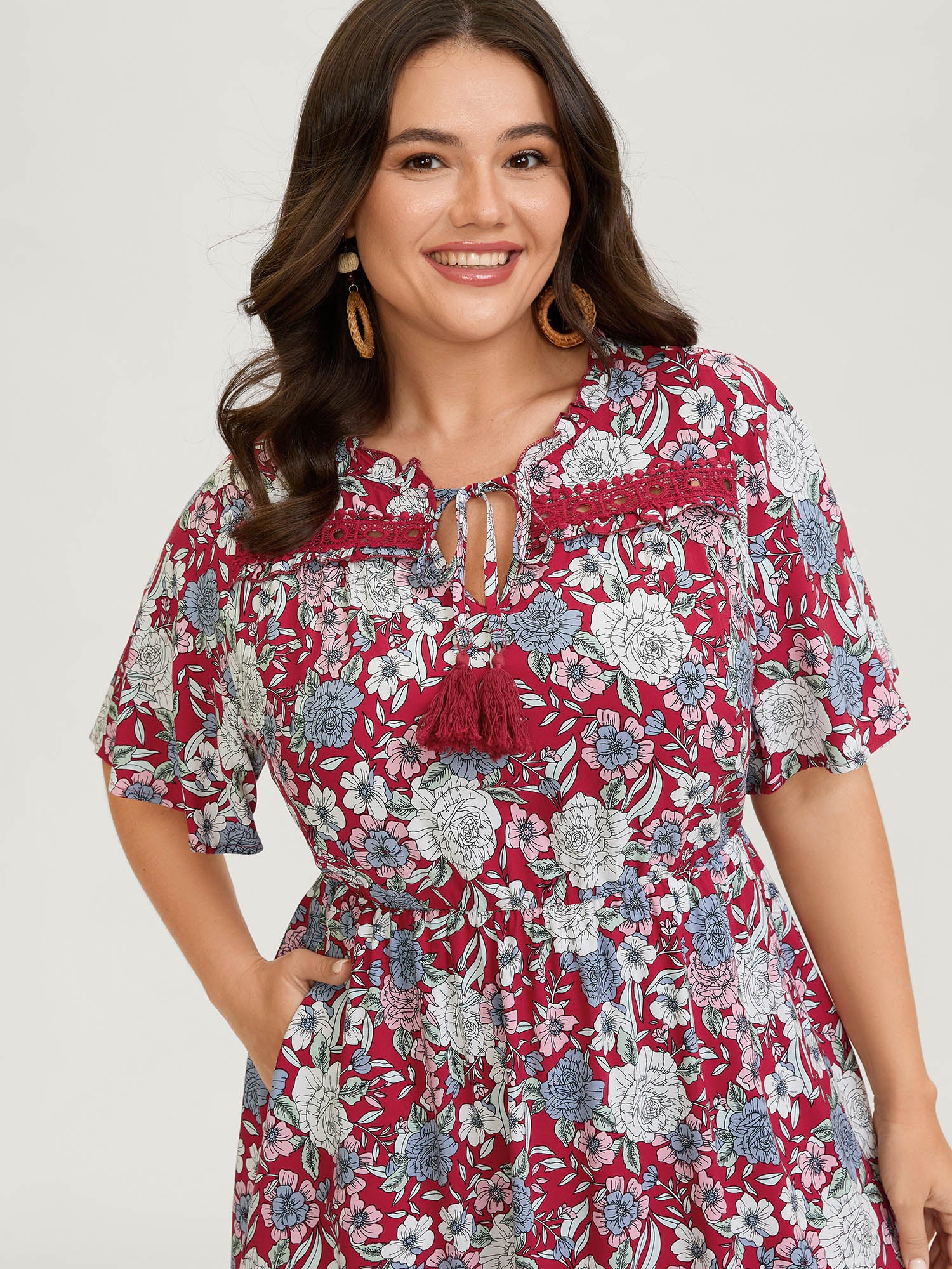 Floral Print Lace Trim Neck Tie Midi Dress